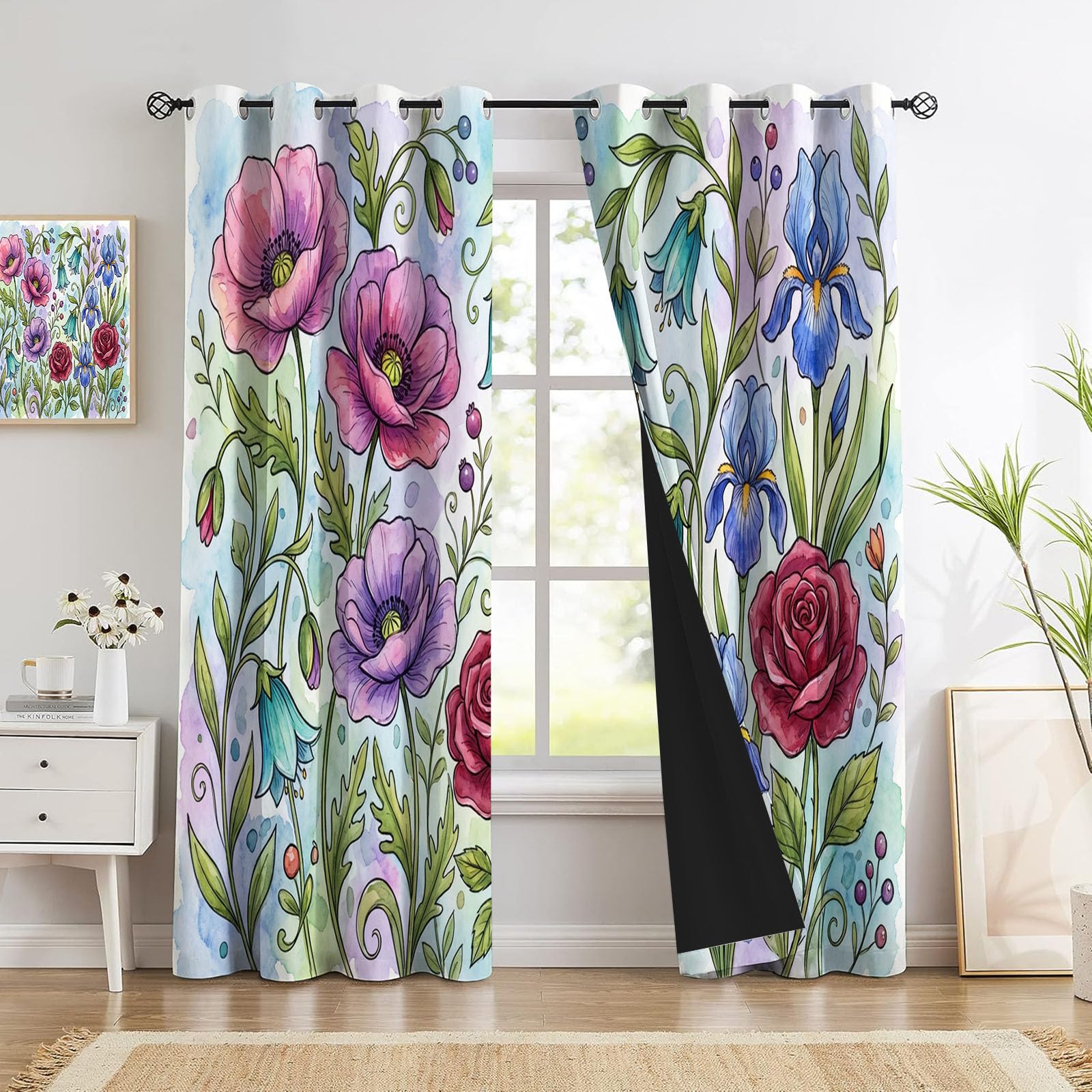 Mohnblume Und Iris Vorhänge, Aquarellblumen Verdunkelungsvorhang - Lila Vorhang Blickdicht, Thermovorhang Für Schlafzimmer Gardinen Mit Ösen, H175 X B140 cm (2Er Pack)
