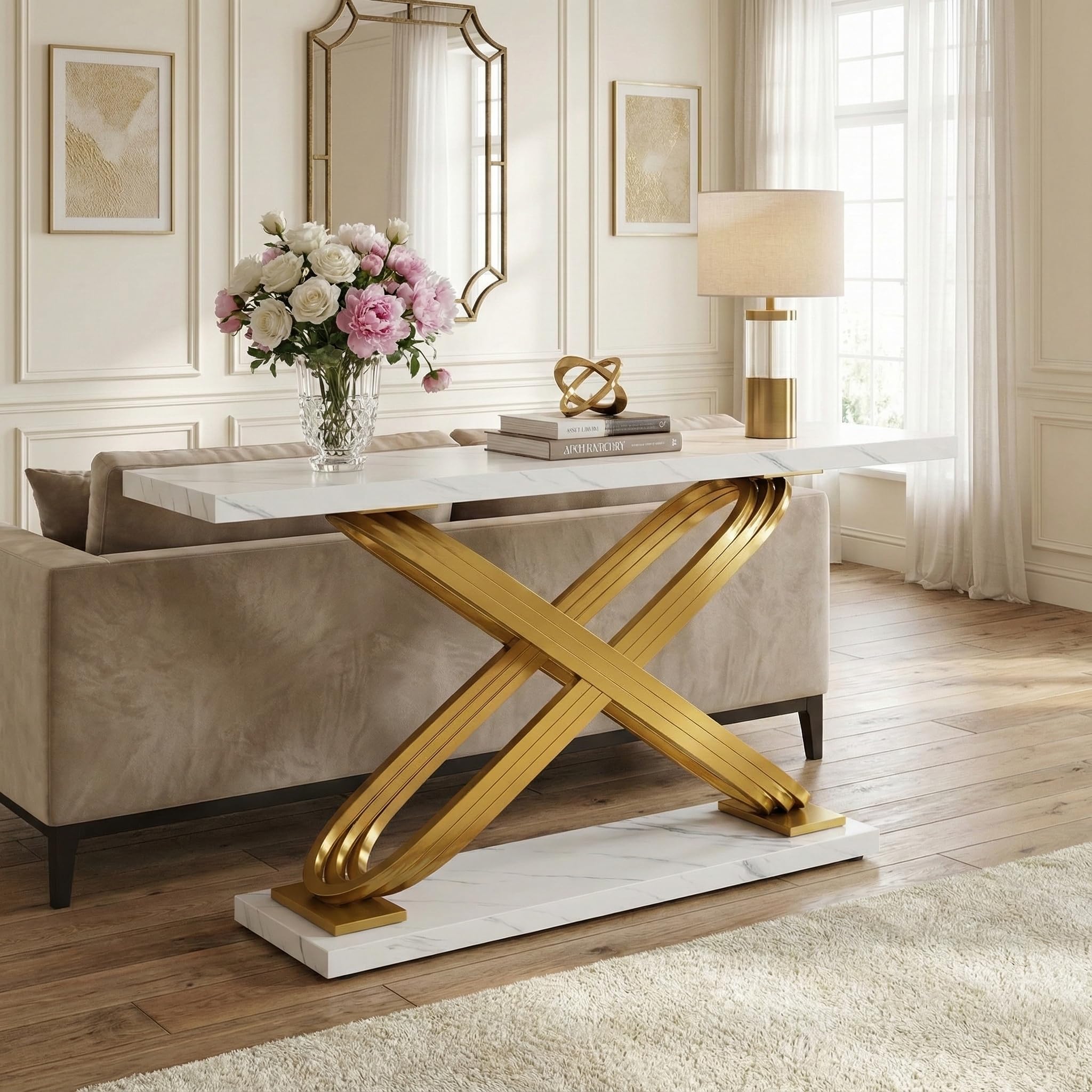 Lailang 80cm Consolle Ingresso, Tavolo Stretto E Lungo, Mobile Ingresso Corridoio, Consolle Ingresso Legno, Mobile Soggiorno Moderno, 80 x 35 x 140 cm, Oro E Bianco