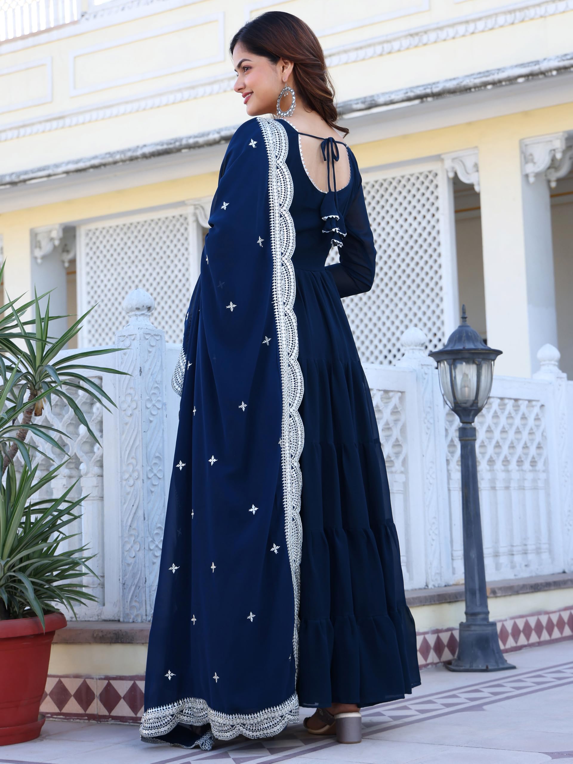 Fashion Basket Women's Georgette Solid Anarkali Dress Turquoise