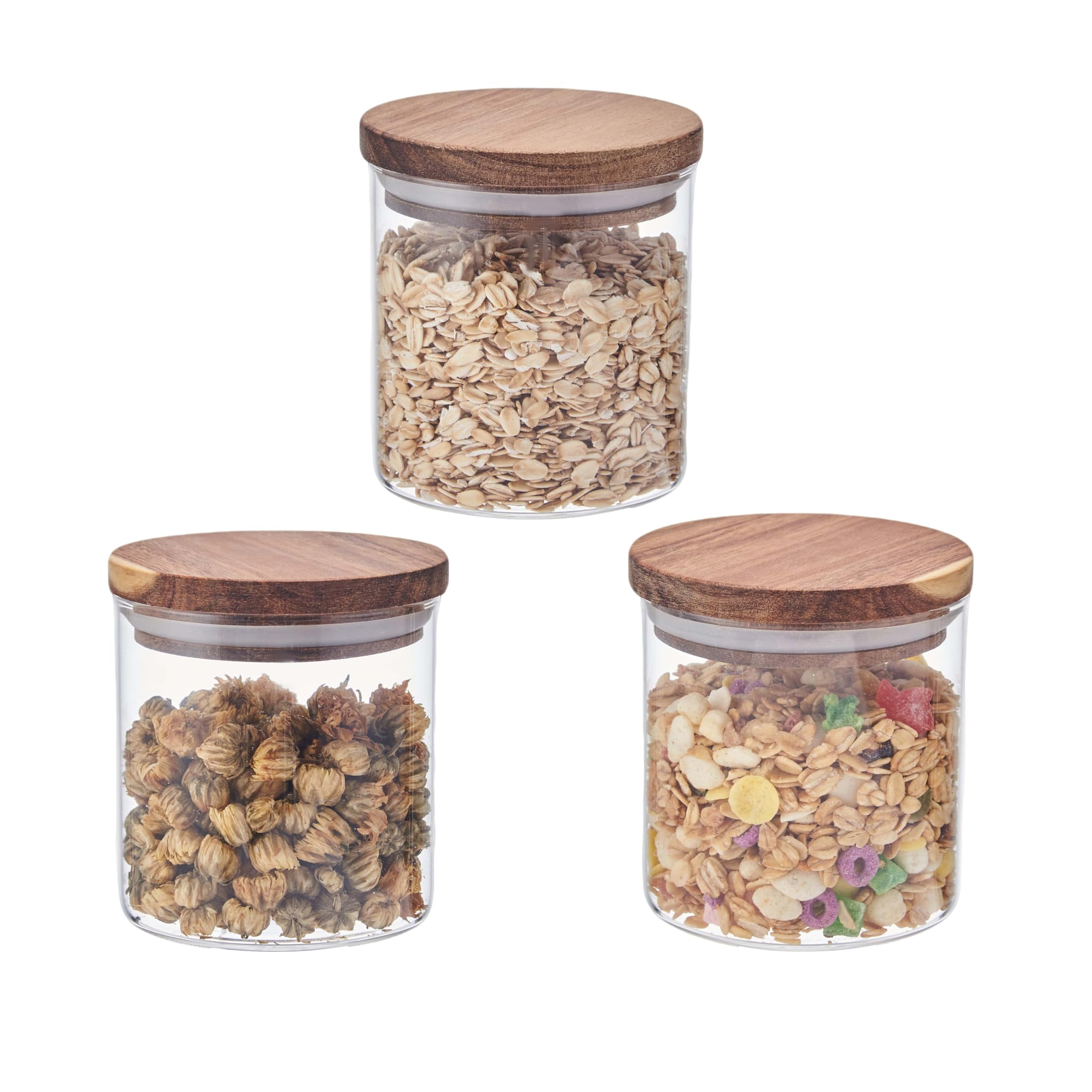 Eden & Willow Glass Kitchen Storage Canister Jars with Airtight Acacia Wooden Lids (Pack of 3 Jars), Borosilicate Glass Food Storage Containers for Kitchen Pantry Organisation (3, 0.35L)