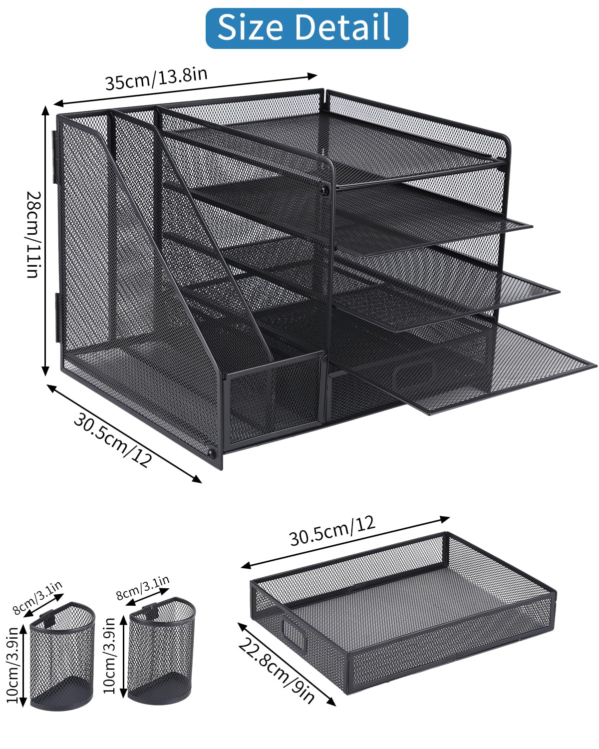 Organizador de Escritorio de Metal de 5 Niveles con Cajón y Portalápices Negro