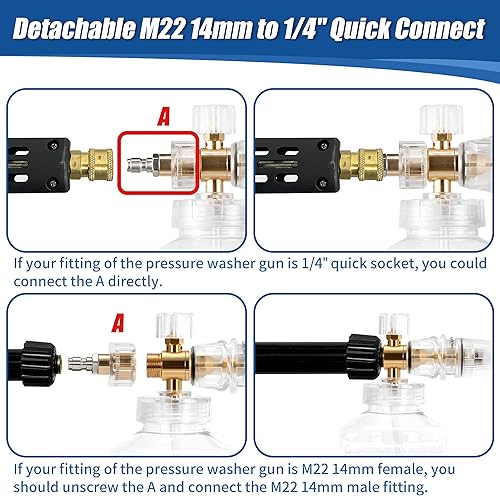 Miniatura 6 de Tool Daily - Lavadora a presión con cañón de espuma, lanza de espuma de nieve ajustable con M22 y conector rápido de 6 mm, boquilla con orificio