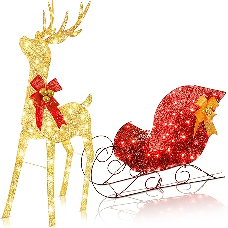 4FT Christmas Reindeer and Sleigh Set with 120 LED Lights