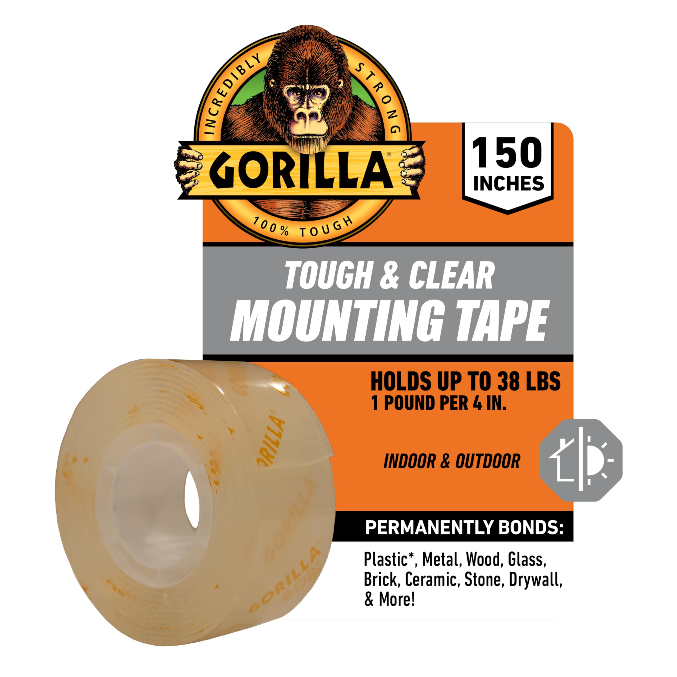 Gorilla Tough & Clear Double Sided Adhesive Mounting Tape, Extra Large, 1" x 150", Clear, (Pack of 1)