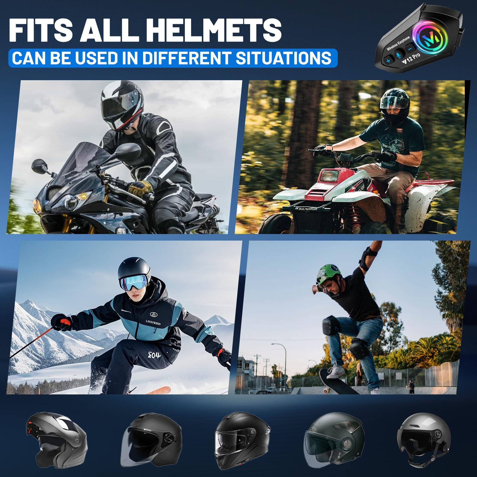 Intercom Moto Duo pour 2 Casques, Bluetooth 5.4, avec Partage de Musique, 500M Système de Communication Entre 2 Motards, IP56 Étanche Compatible Tous Les Casques, 2 Pièces