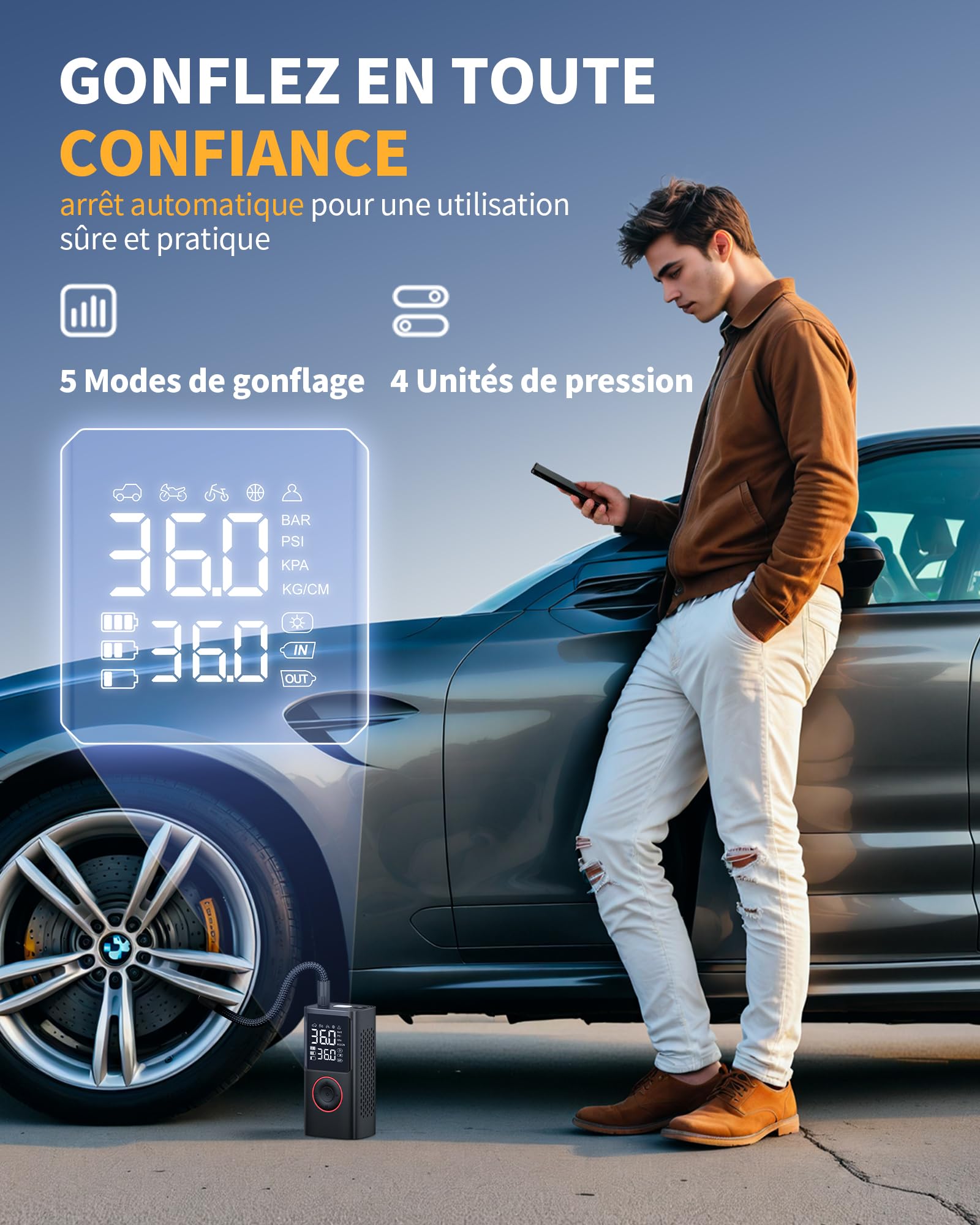 Powools Gonfleur Pneus Voiture Sans Fil – Compresseur à Air Portatif 150 PSI avec Arrêt Automatique & Lumière LED, Pompe à Vélo Électrique pour Voiture, Moto, Vélo, Ballon, 8.90 X 4.75 X 13.79 CM