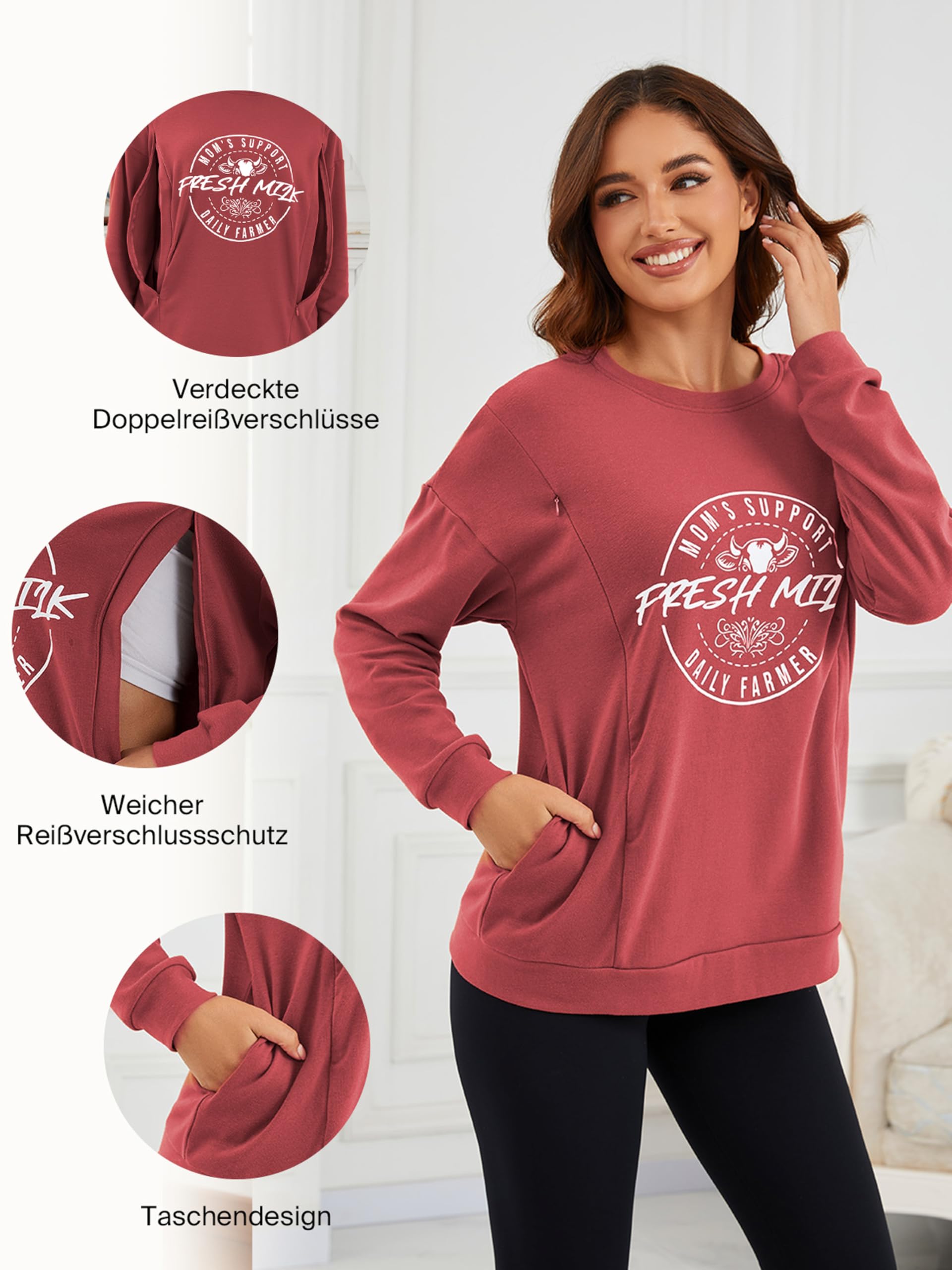 T-shirt d'allaitement à manches longues pour femme - Décontracté - Fermeture éclair invisible - Sweatshirt pour l'allaitement - Mode de maternité - Avec poche