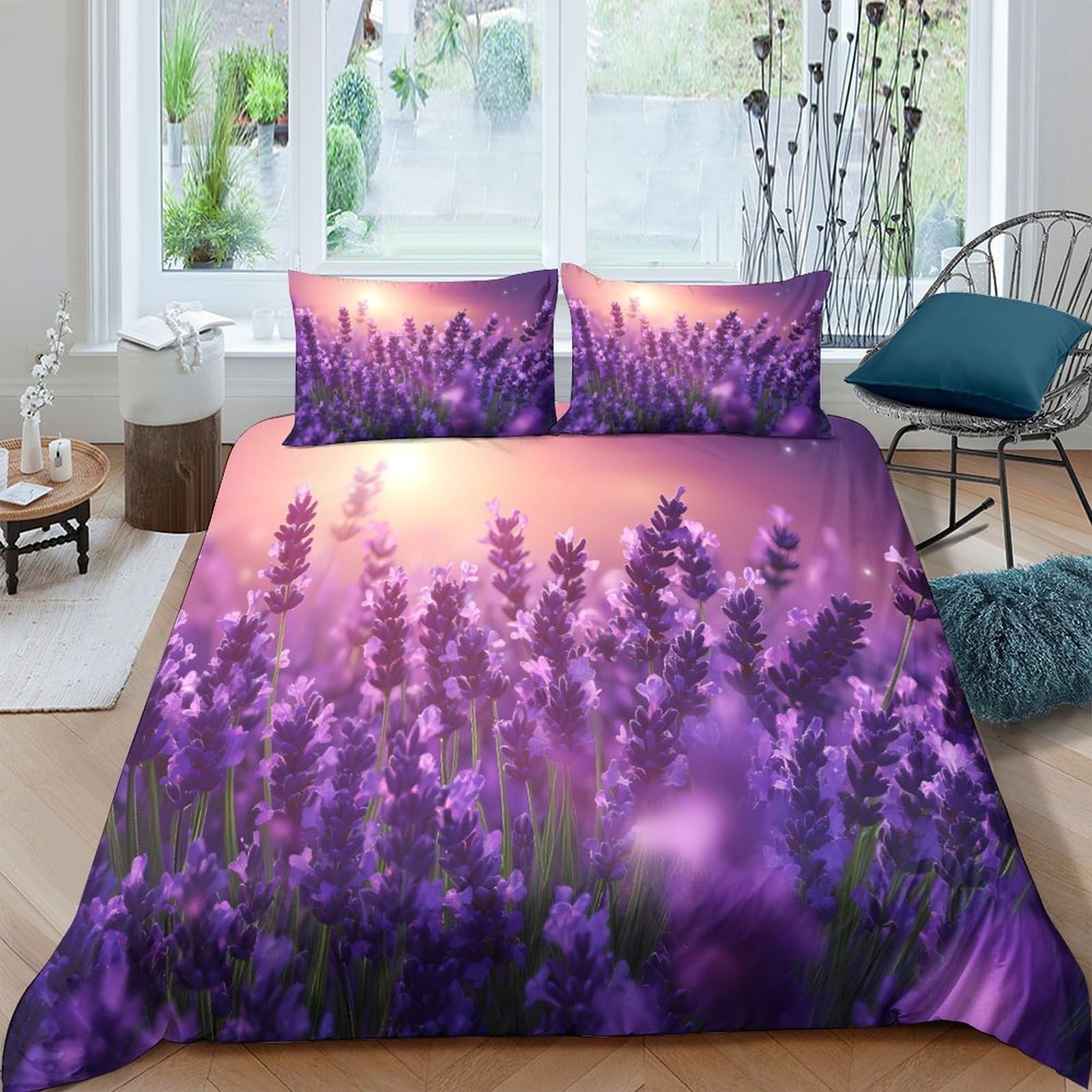 Ctjqhvkz Style-3 3D Printed Lavender Sunset Fitted Sheet Microfiber Soft Purple Floral Field Bed Cover For Bedroom Dorm Mattress Decor Single（135X200cm）