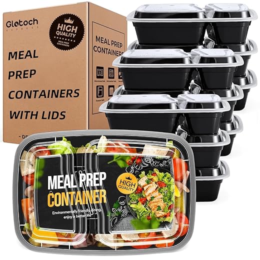 Glotoch 50 Pack 32 oz Meal Prep Containers Reusable, 2 Compartment Food Containers with Lids To Go Containers, Black Plastic Containers for Lunch-Microwave, Freezer, Dishwasher Safe, Eco-Friendly
