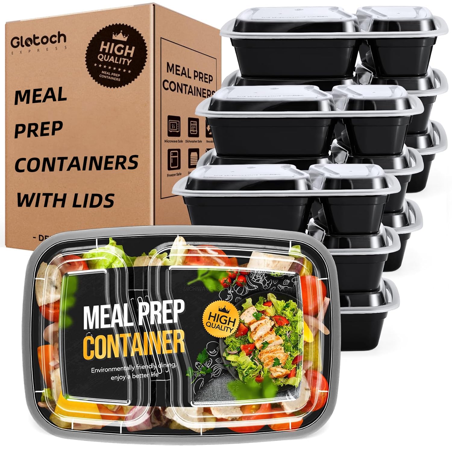 50 Pack (100-Piece) 32 oz Sturdy Leakproof 2-Compartment Meal Prep Containers with Lids, Plastic Food Storage Containers for Lunch, Microwave, Freezer, and Dishwasher Safe Takeout Containers
