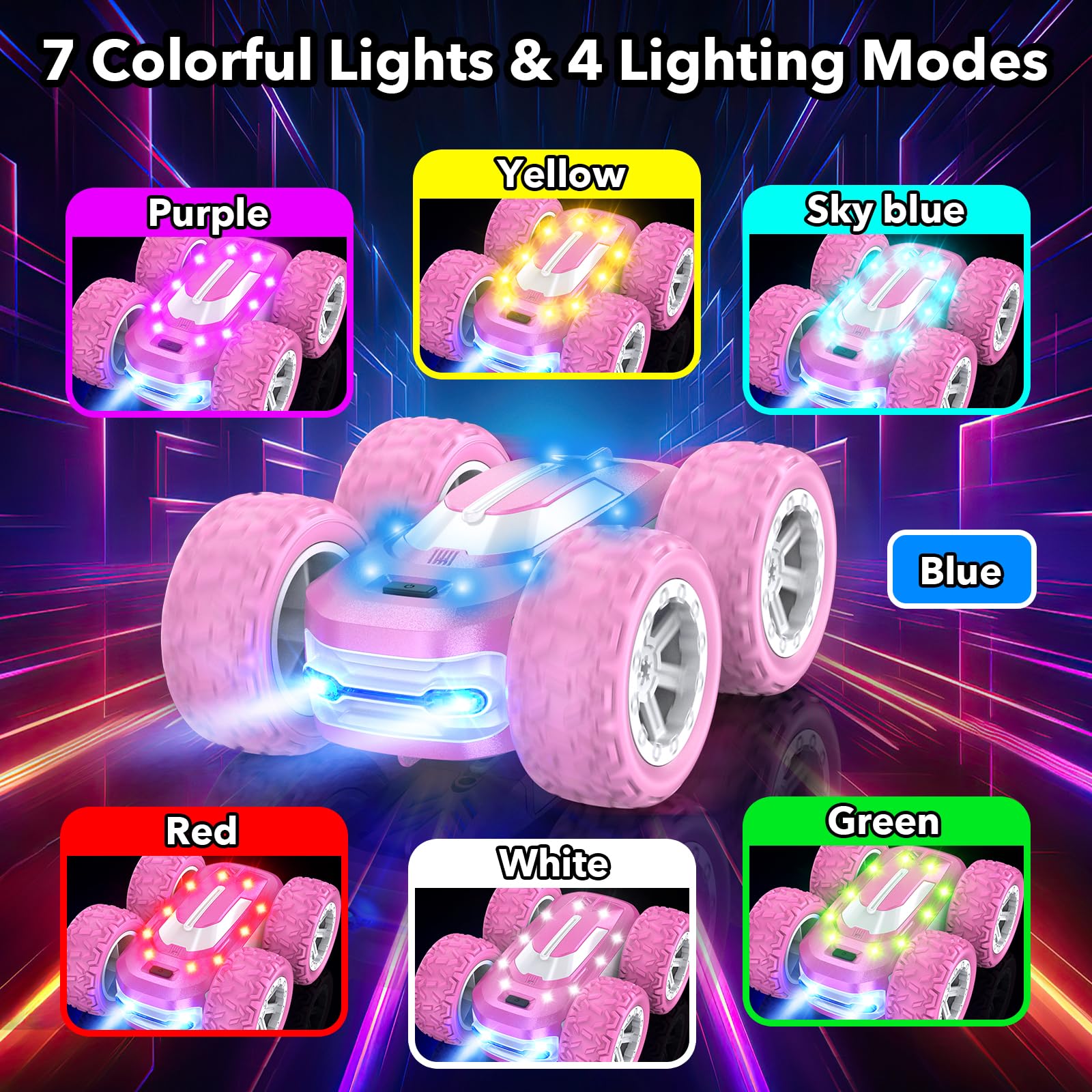 Macchina Telecomandata Bambina, 4x4 Acrobatica Macchinina con LED, RC Auto Radiocomandata Remote Control Car Giocattoli, Compleanno Regalo Bambini 6 7 8 9 10 Anni Giochi Bimba, Rosa Monster Truck