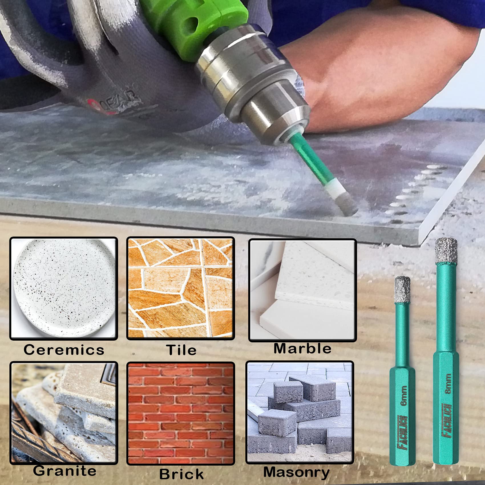 Wiertła do suchego diamentu, 5 szt. 6 mm otwornica z trzpieniem sześciokątnym do granitu marmurowego płytek porcelana ceramiczne twarde materiały