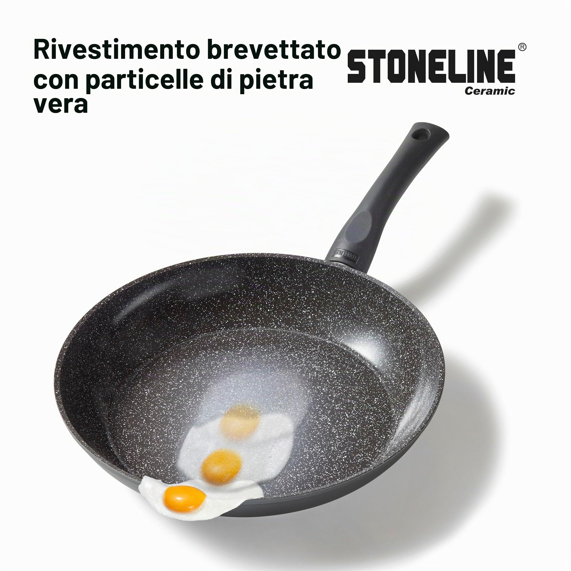STONELINE Set di Padelle in CERAMICA 3 Pezzi 20/24/28 cm, Padella Antiaderente, Rivestimento Antiaderente con Vere Particelle di Pietra in CERAMICA Senza PFAS, a Induzione, Tutti i Piani Cottura