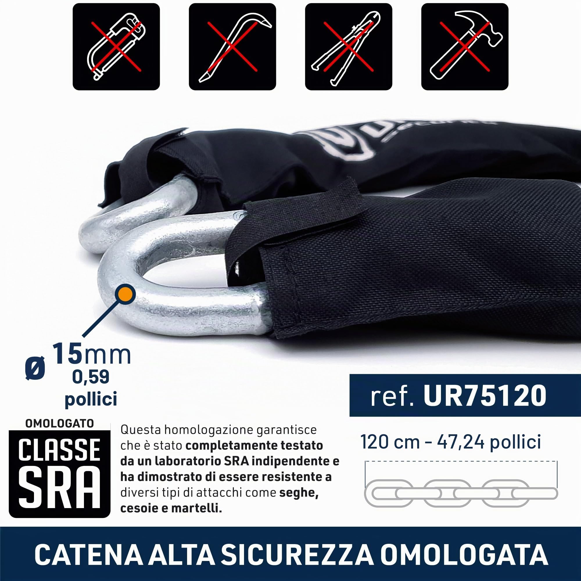 URBAN UR75120 Lucchetto Catena Antifurto Moto Alta Sicurezza Omologato Classe SRA, Mini U Blocca Disco + Catena ø15, 120 cm