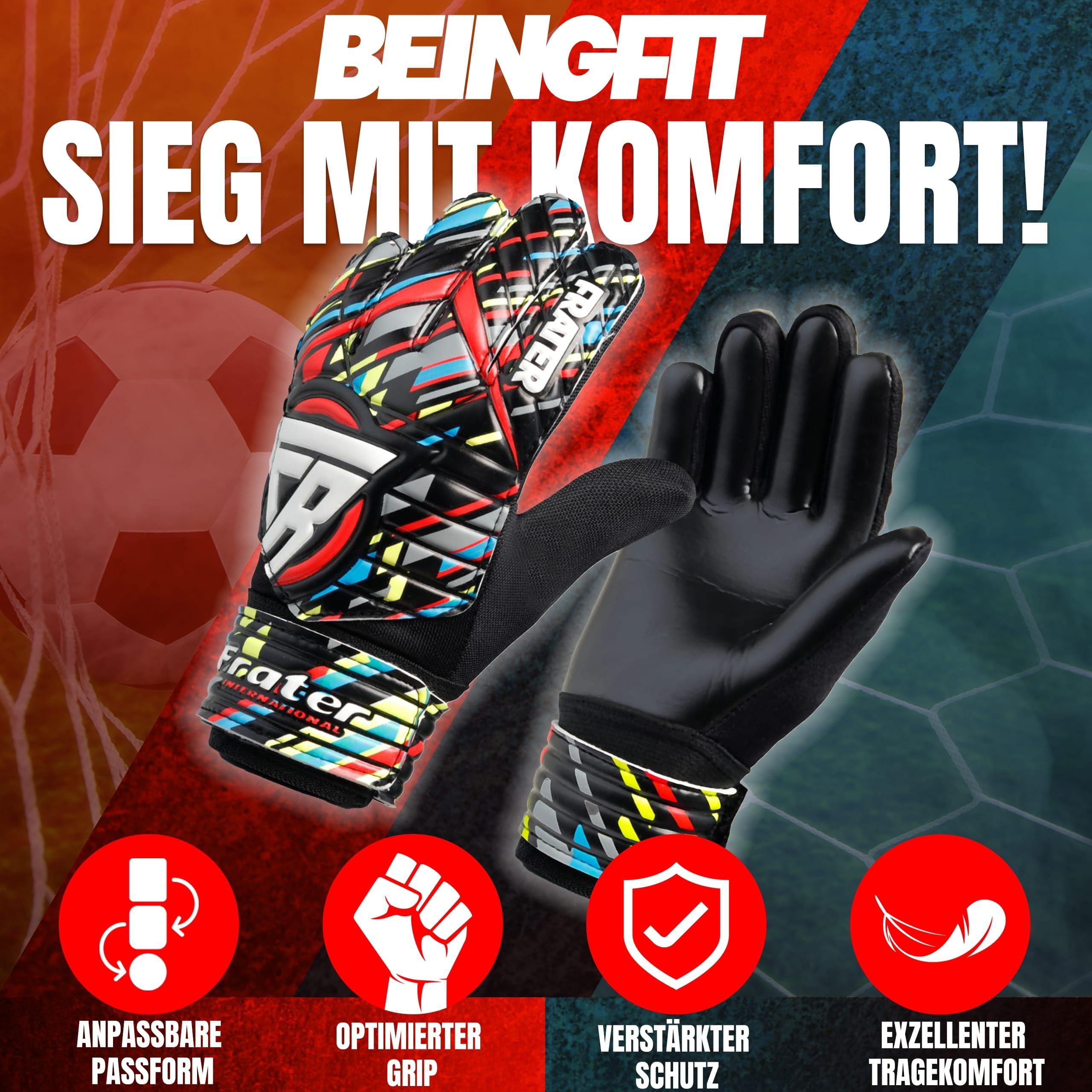 Torwarthandschuhe Herren & Kinder - Fußball Handschuhe 4mm Latex (Schwarz/Rot, Größe 5, geeignet für 9-12 Jahre)