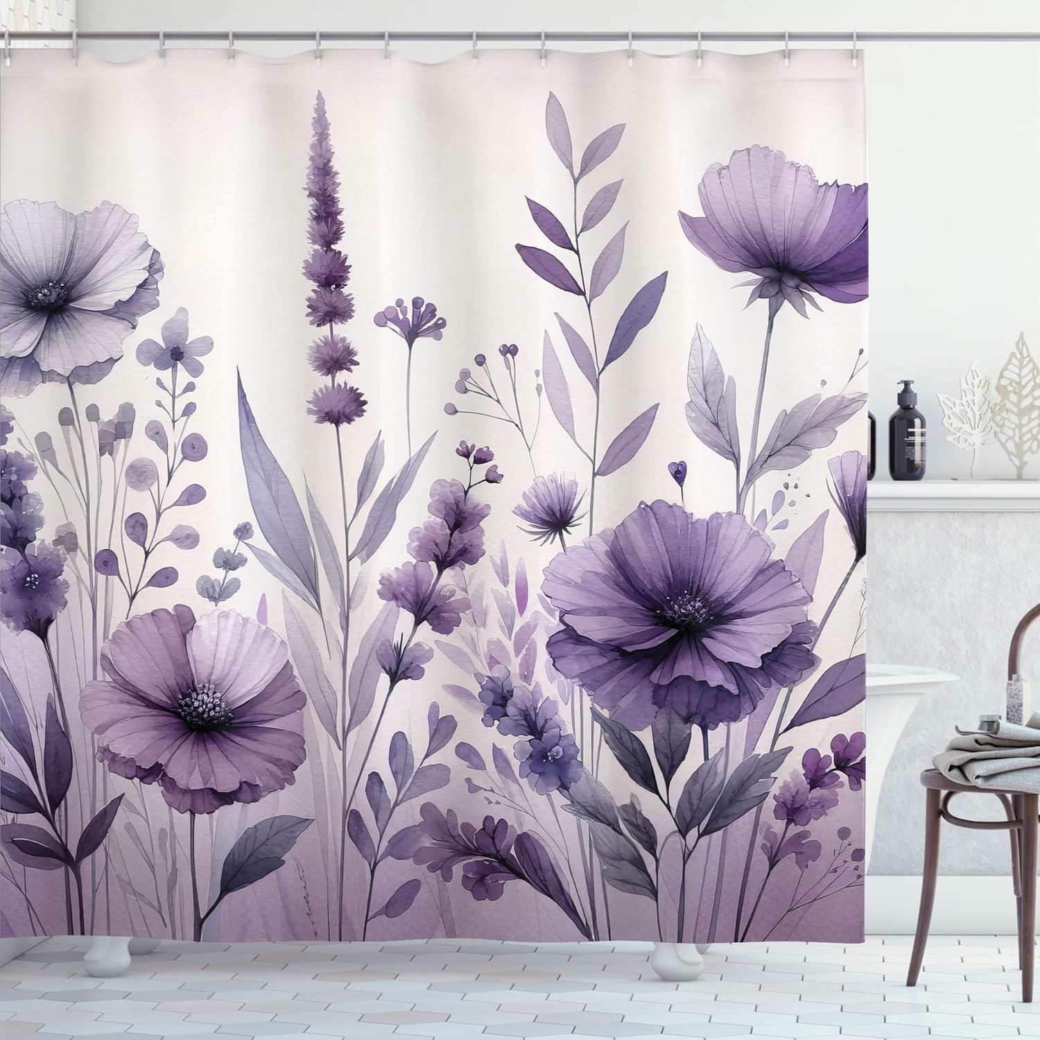 Ambesonne Purple Shower Curtain, Picturesque Pastel Tones Pansy Flowers Garden Cold Morning in a Meadow, Cloth Fabric Bathroom Decor Set with Hooks, 69" W x 75" L, Lilac Pale Grey Blush image 3