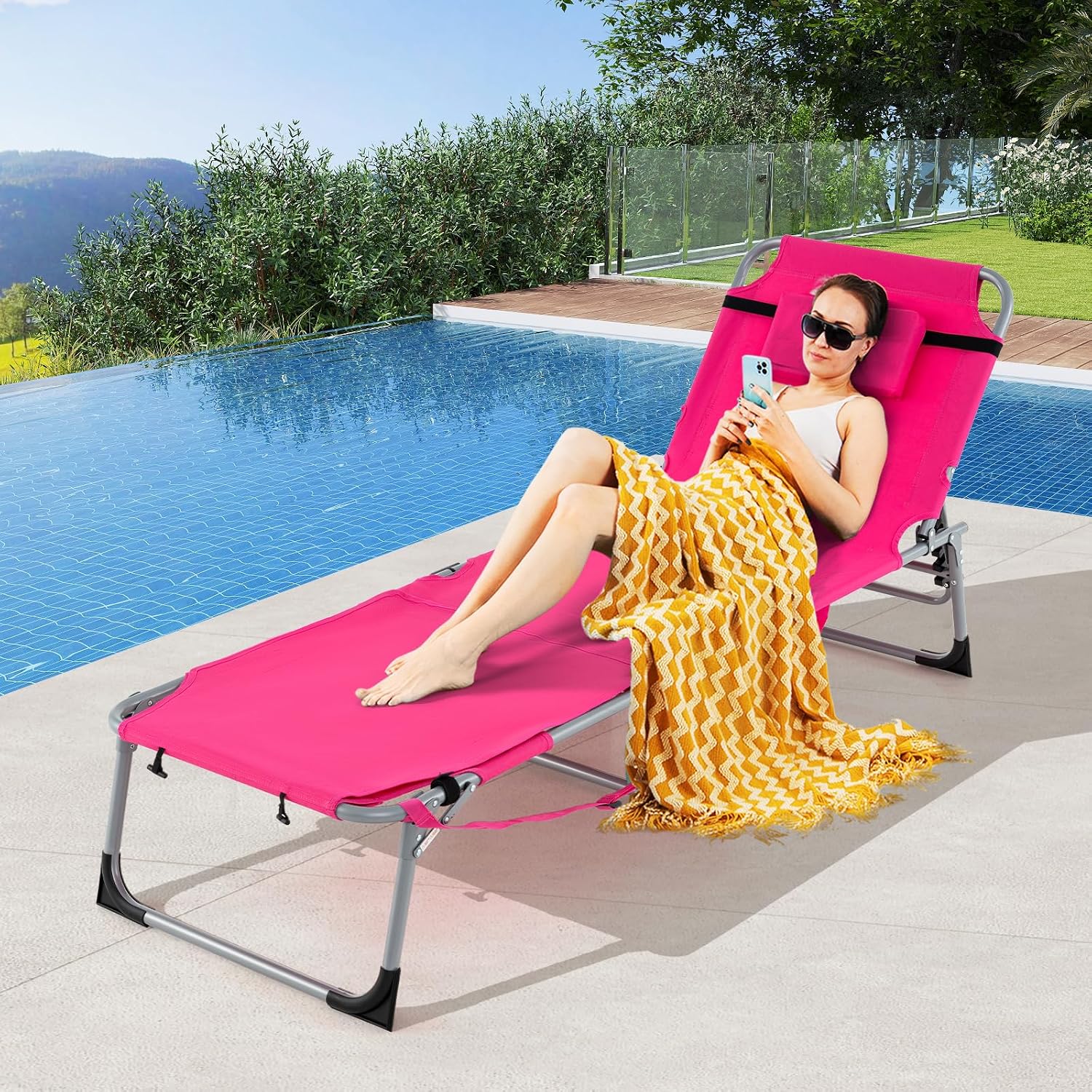 GYMAX Tanning Chair, 330LBS Beach Lounge with Face Arm Hole & Hand Shoulder Strap, Folding Layout Sunbathing Chair, Face Down Outdoor Chaise Lounger for Patio, Poolside, Lawn, Backyard (1, Pink)