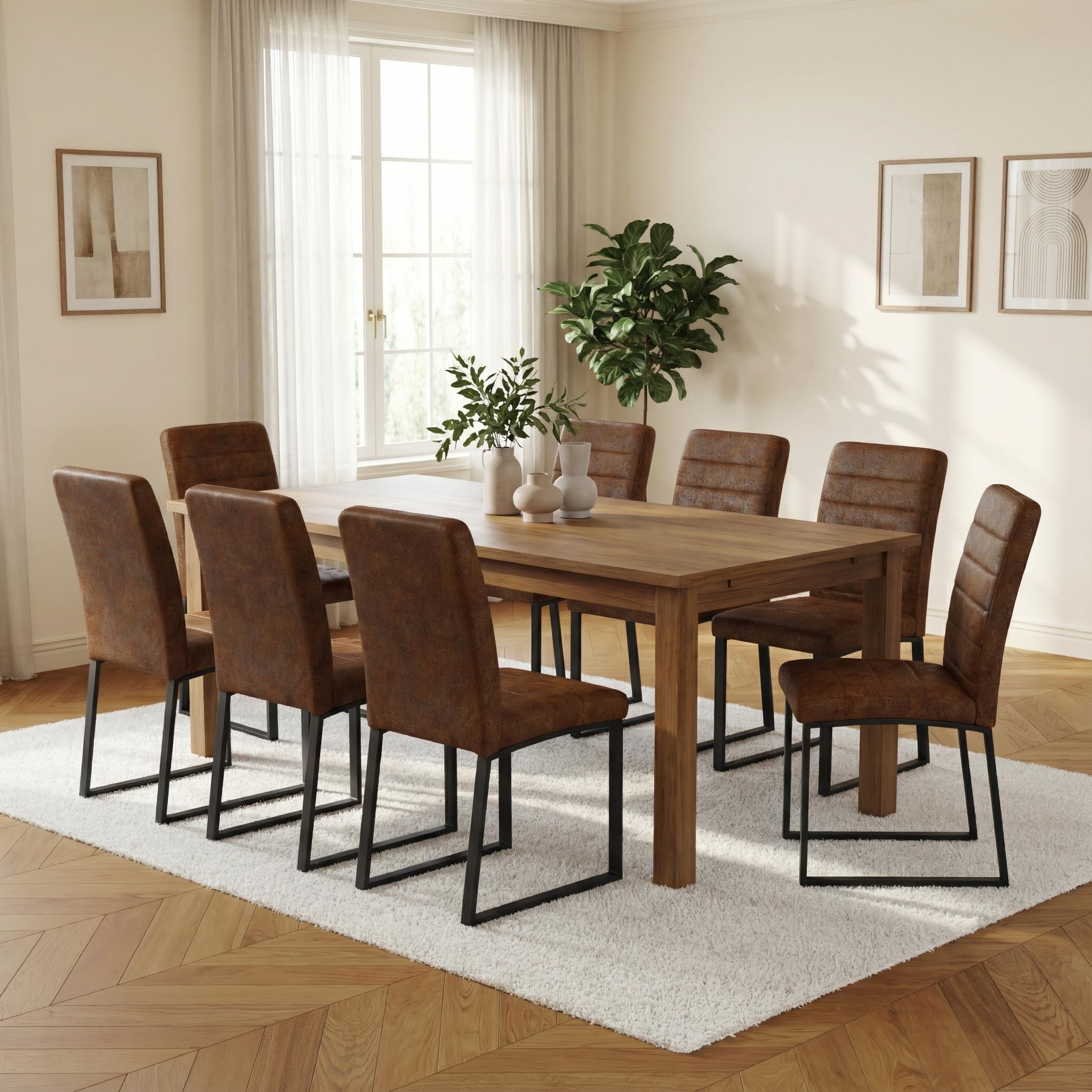 Hommoo Dining Chairs Set of 8, Faux Leather Upholstered Kitchen Chairs, Padded Seat Armless Dining Room Chair with Metal Leg, Modern Dinner Chair for Restaurant Living Room Brown