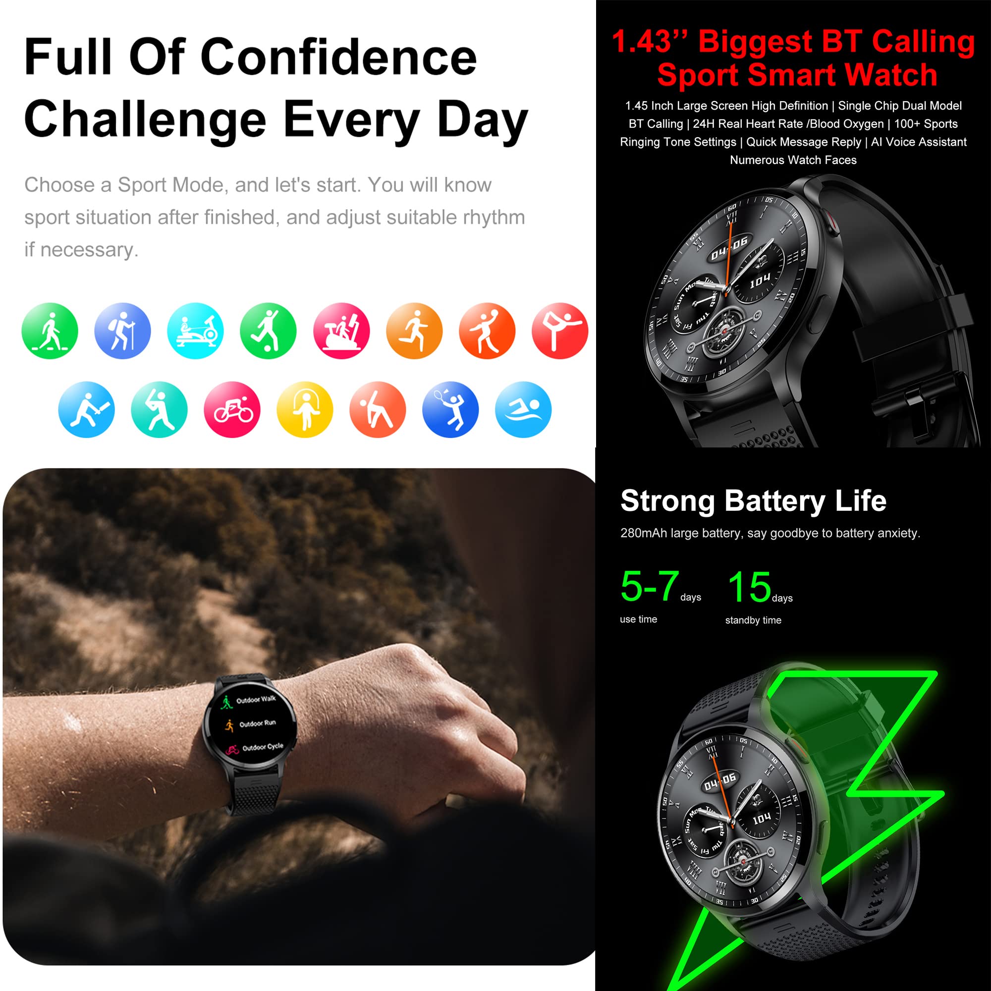 Reloj Inteligente Mujer Hombre con Llamadas, 1,43 Pulgada Smartwatch Deportivo con Podometro Pulsometro SpO2 Sueño Presion Arterial Pulsera Actividad 5ATM Reloj Digital para iOS Android (Negro)