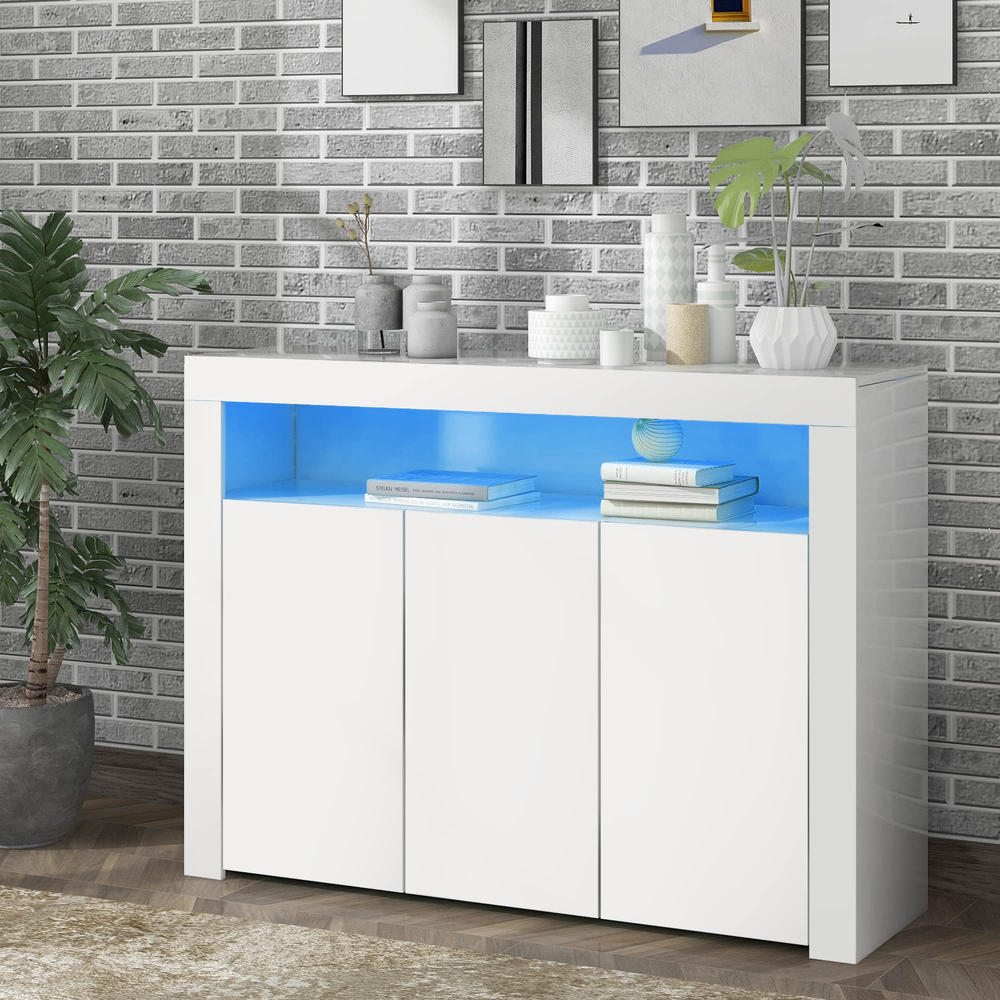 Vitrina de aparador blanco brillante con luces LED, moderna unidad de almacenamiento de madera de 3 puertas con mando a distancia para cocina, salón, comedor, pasillo