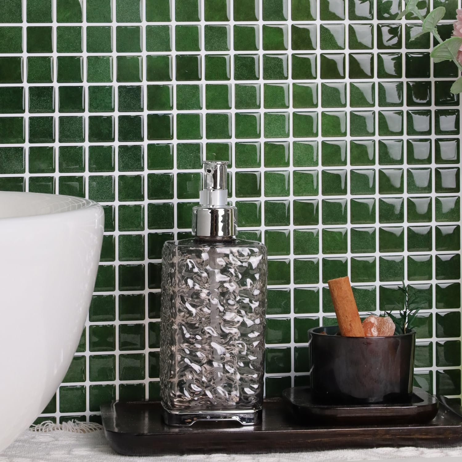 Alwayspon Piastrelle adesive da parete in vinile 3D a mosaico, 25,4 x 25,4 cm, impermeabili, autoadesive, paraspruzzi, per cucina, bagno, parete, verde retrò, 10 pezzi