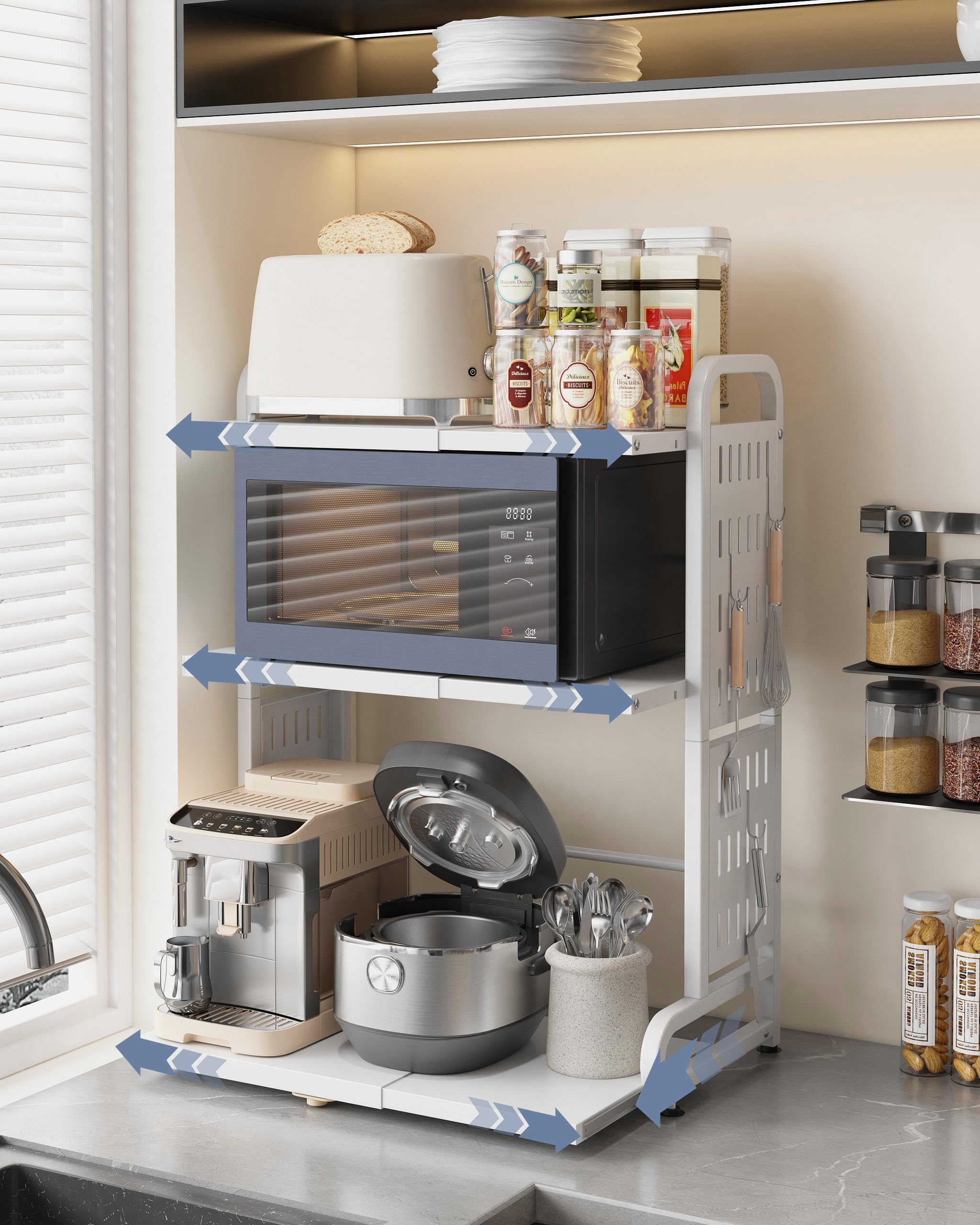 Ornestia Expandable Microwave Shelf, 3-Tier Microwave Stand With 6 Metal Hooks, kitchen Shelves for Air Fryer, Kitchen Countertop Storage Organiser, White