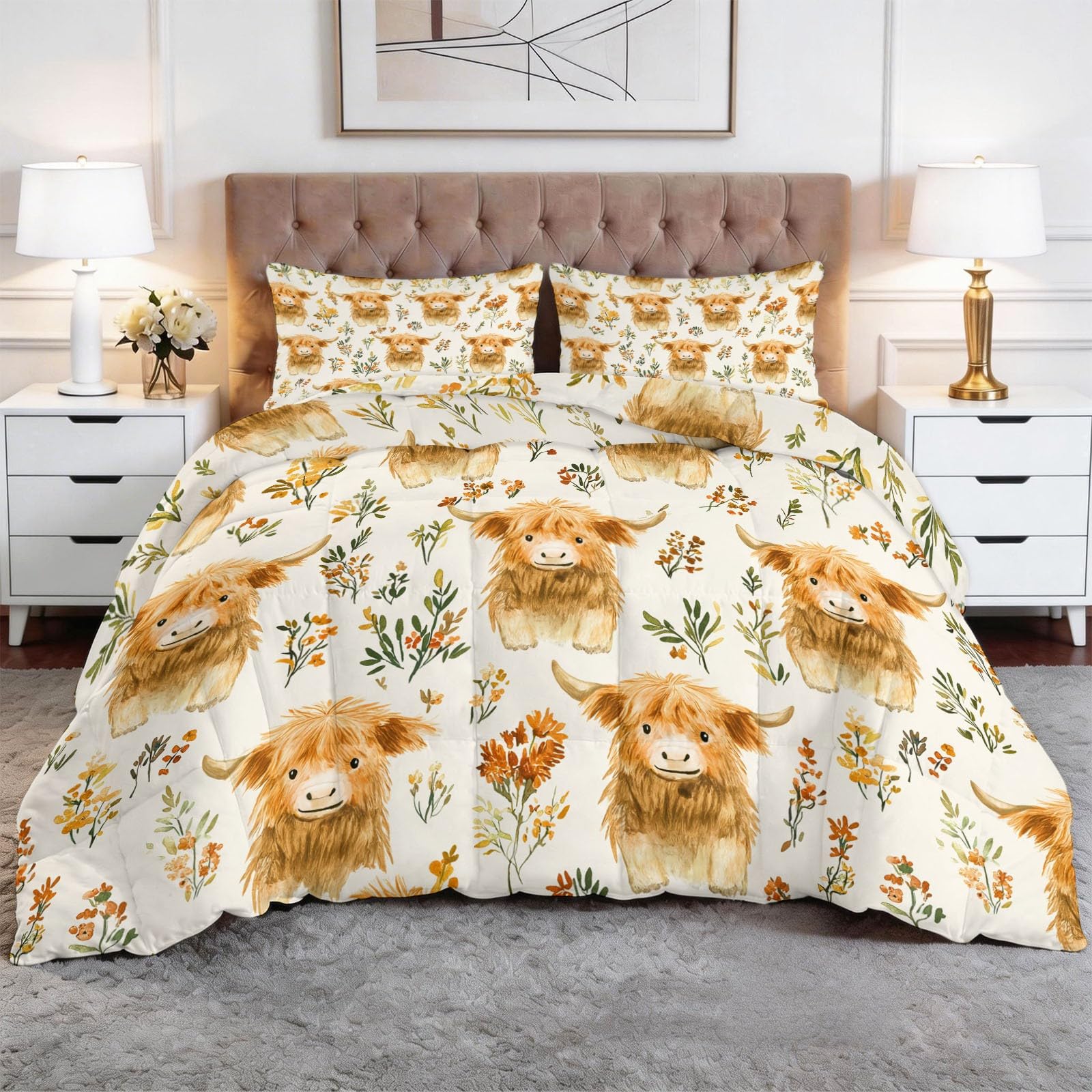 Edredon Relleno nordico Cama Infantil Algodón - Animal Ganado de las Highlands Campo Granja Cama 180 - Bebe rellena Juego de Manta 260x240 cm con Almohada 50 x 75 cm por niños e niñas Amarillo mostaza