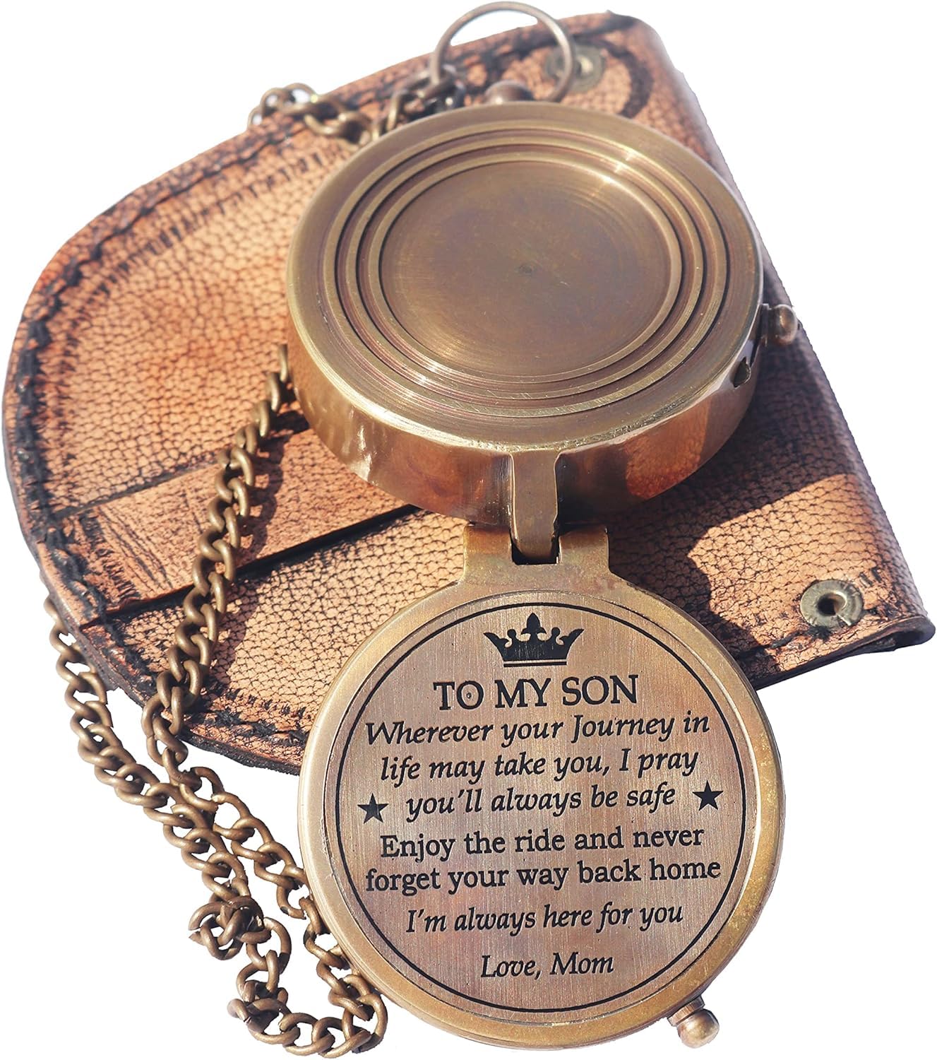 Engraved Brass Pocket Compass with Leather Case, Antique Style Religious Gift for Son Mom-image-22
