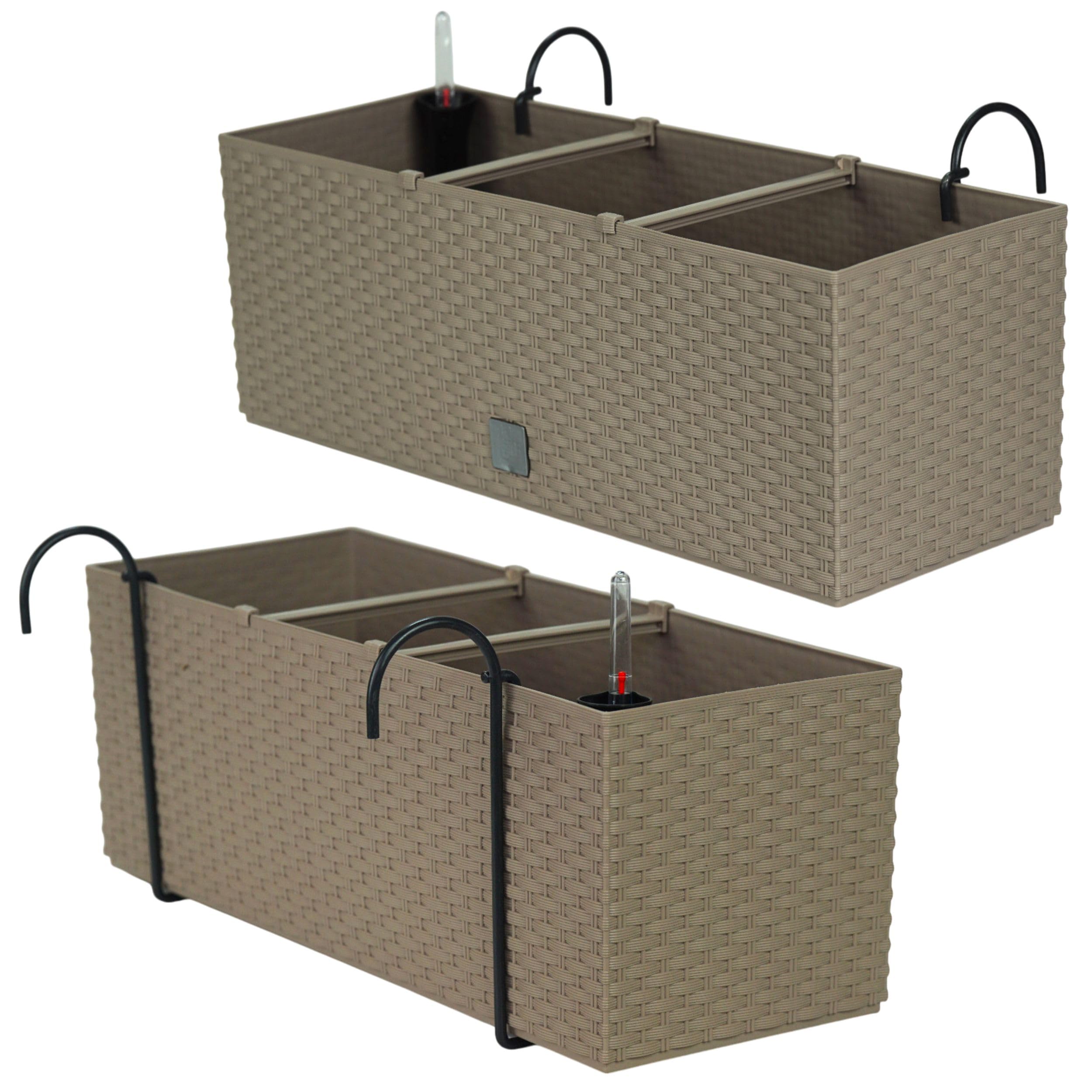 Juego de macetas para balcón 6 x 51 x 19 x 18,5 cm | Maceta de balcón con Aspecto de ratán | Maceta con asa, Soportes y Sistema de riego | Macetas para terraza | Jardinera de diseño Elegante | Mocca