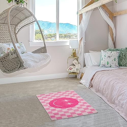 Miniatura 6 de Demissle Alfombra de cara sonriente rosa a cuadros de búfalo divertida para dormitorio, alfombra contemporánea a cuadros, decoración de habitación