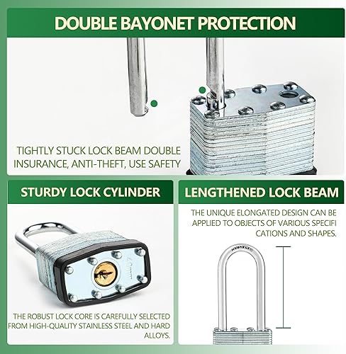 Miniatura 3 de 1 paquete de candados resistentes con grillete de 2 pulgadas, 2 llaves, acero endurecido de 1.575 pulgadas, con igual llave para cobertizos,
