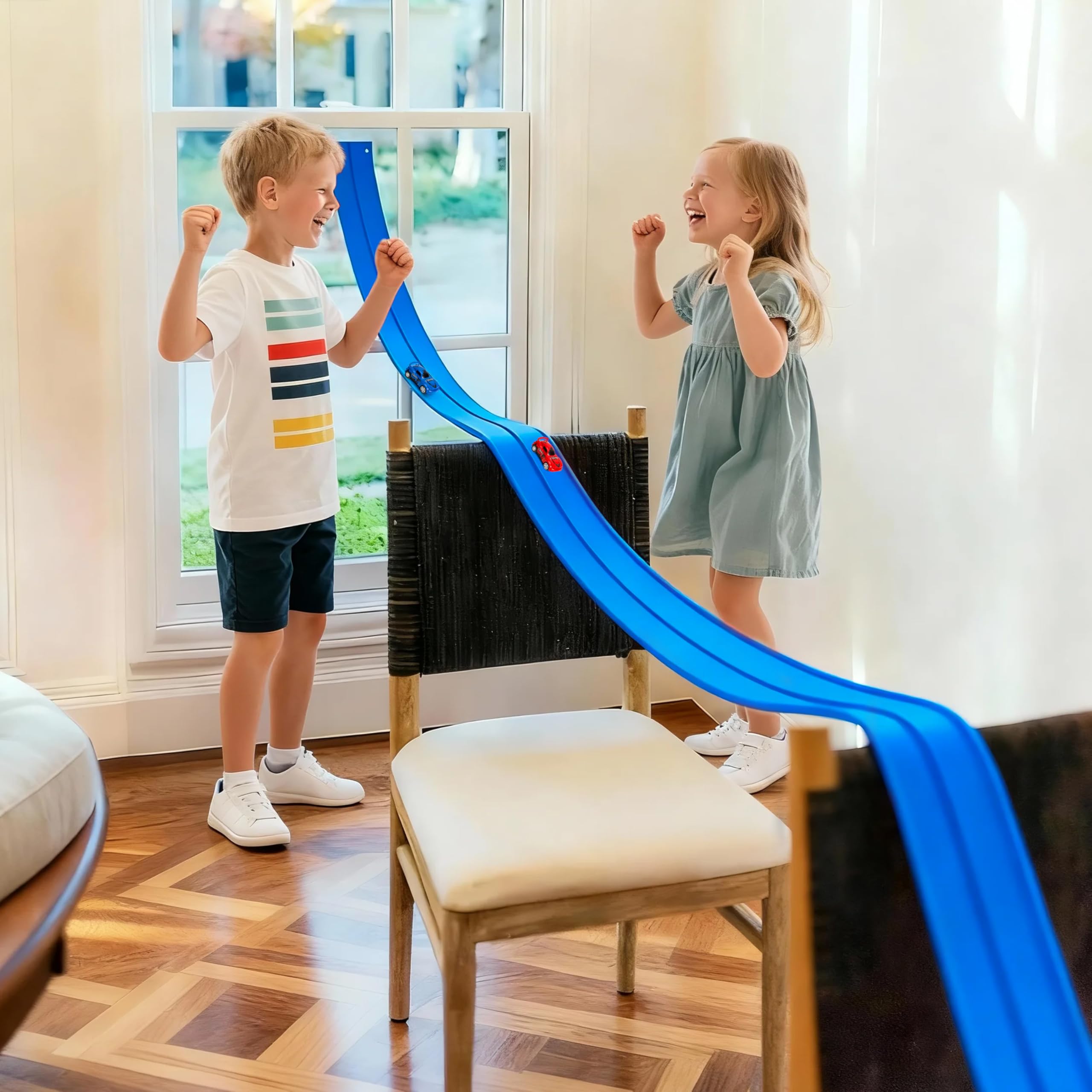 Coche de juguete flexible para niños, 5 m, doble pista de carreras, rampas con 4 coches de carreras, montajes en puertas y paredes, juguete de aprendizaje para niños y niñas, regalo de