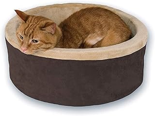 K&H Pet Products Heated Cat Bed Thermo-Kitty Bed, Heated Pet Bed for Indoor Cats and Small Dogs, Electric Thermal Plush Warming Pet Bed, Calming Cat Heating Bed, Small 16 Inches Round Mocha/Tan