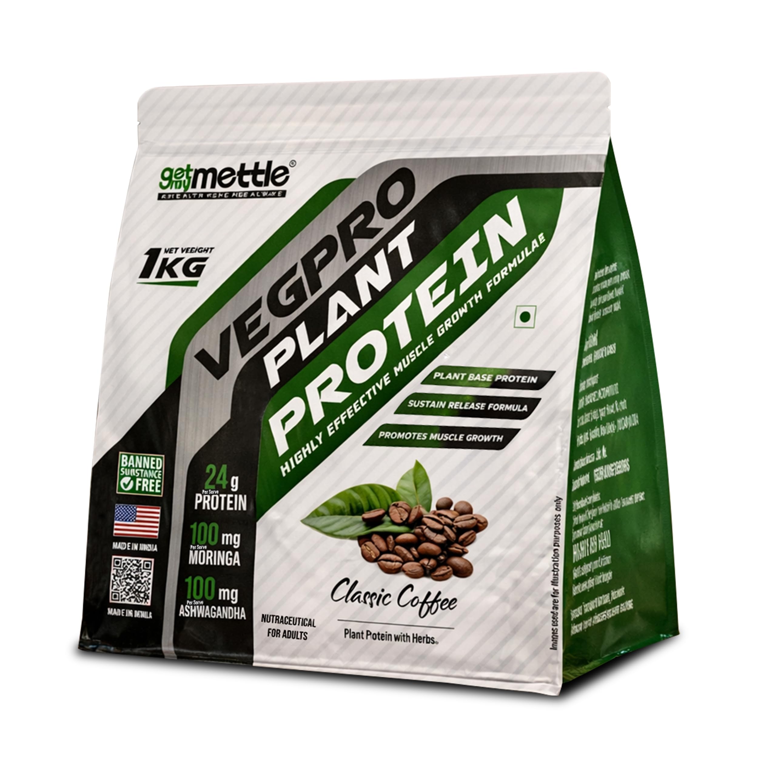 Getmymettle VegPro Vegan Plant Protein Powder | Protein 24g per scoop | Pea Protein Isolate with Digestive Enzyms | Low Carbs (1kg, Classic Coffee)