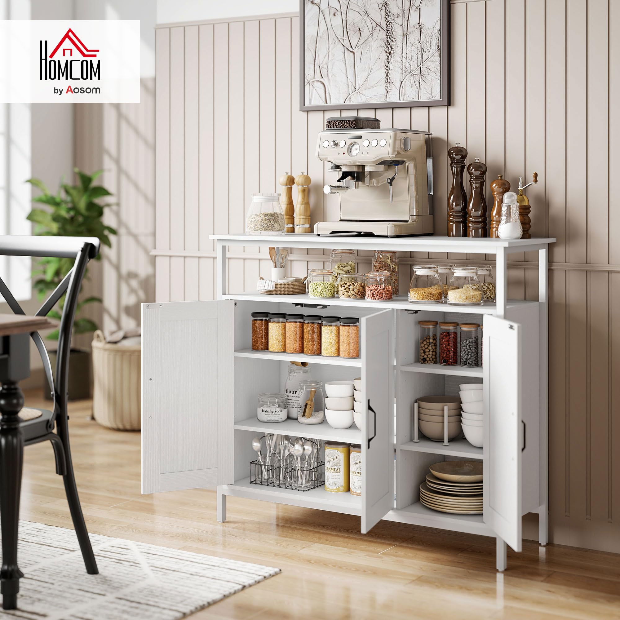 HOMCOM Aparador 3 Puertas, Aparador para Salón Industrial, con Compartimento Abierto, Estantes Ajustables, para Comedor, Entrada, Dormitorio, Blanco, 100x35x88 cm
