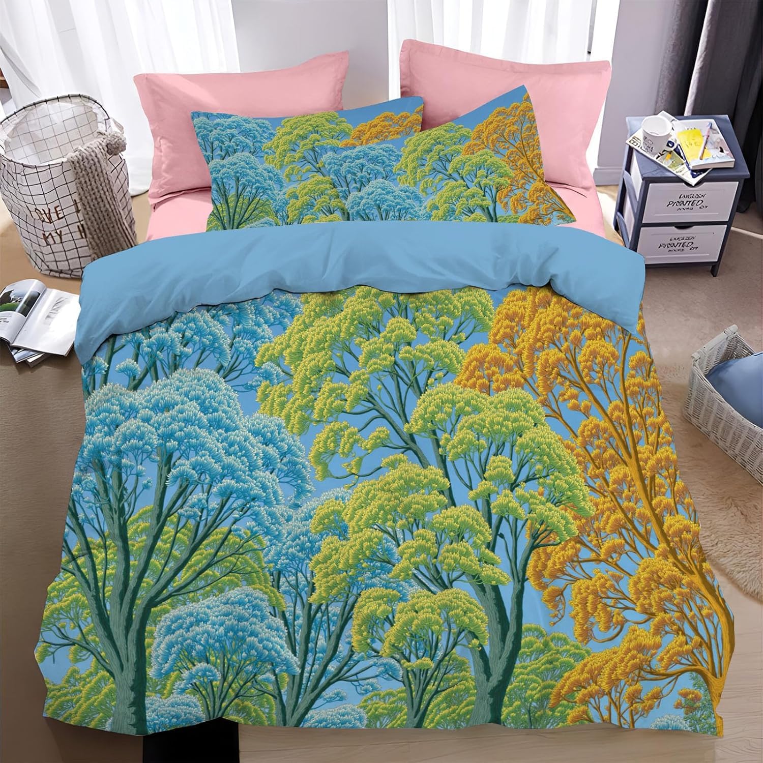 Komplet pościeli 200 x 200 cm, motyw lasu, oddychająca, przyjemna, nie wymaga prasowania, poszewka na kołdrę 3D, z zamkiem błyskawicznym i 2 poszewkami na poduszkę c-383