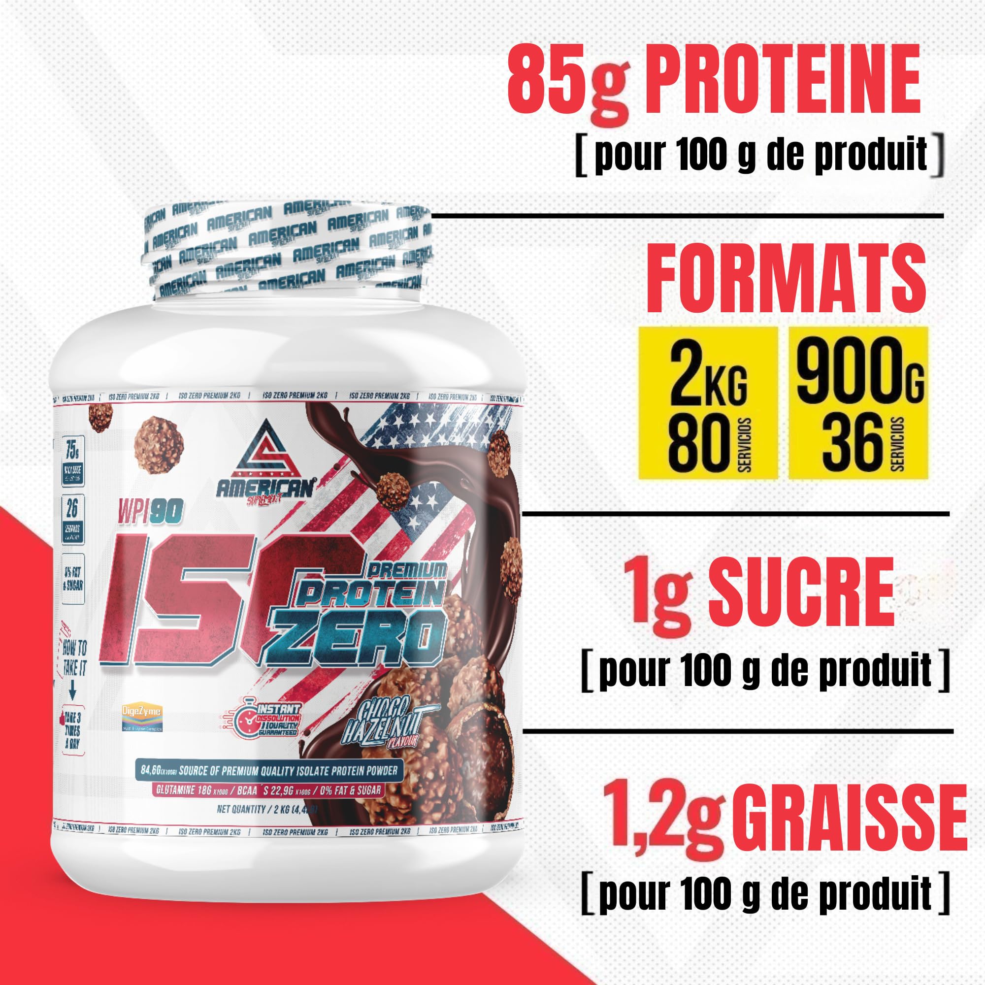 Premium Iso Zero | Protéine de lactosérum | Aide à augmenter votre masse musculaire | Faible en glucides | 0% Sucres (2 kg, Bonbon Choco-Noisette)