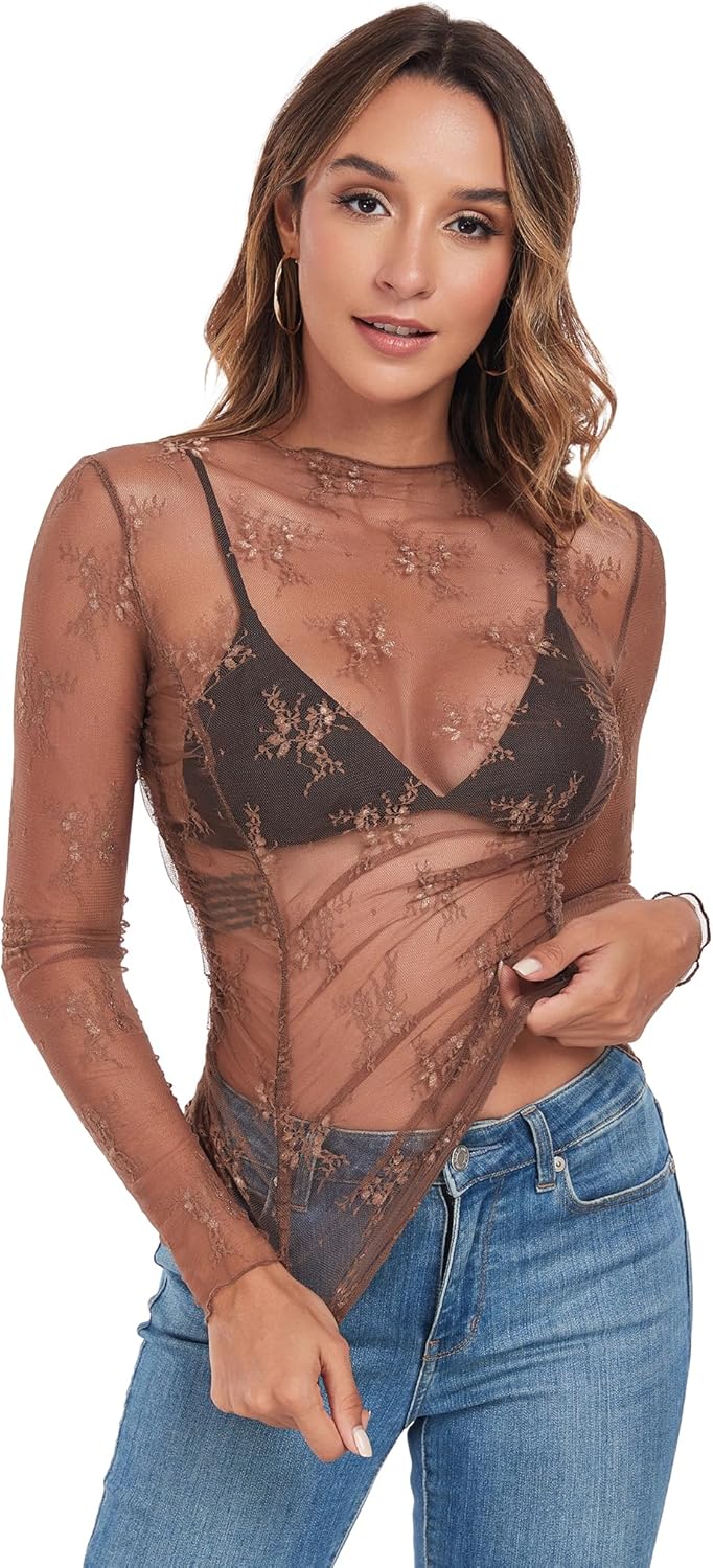 ZAFUL Women Mesh Long Sleeve Tops Lace Mock Neck Sheer See Through Shirts Ruched Floral Slim Fit Blouse - Image 4