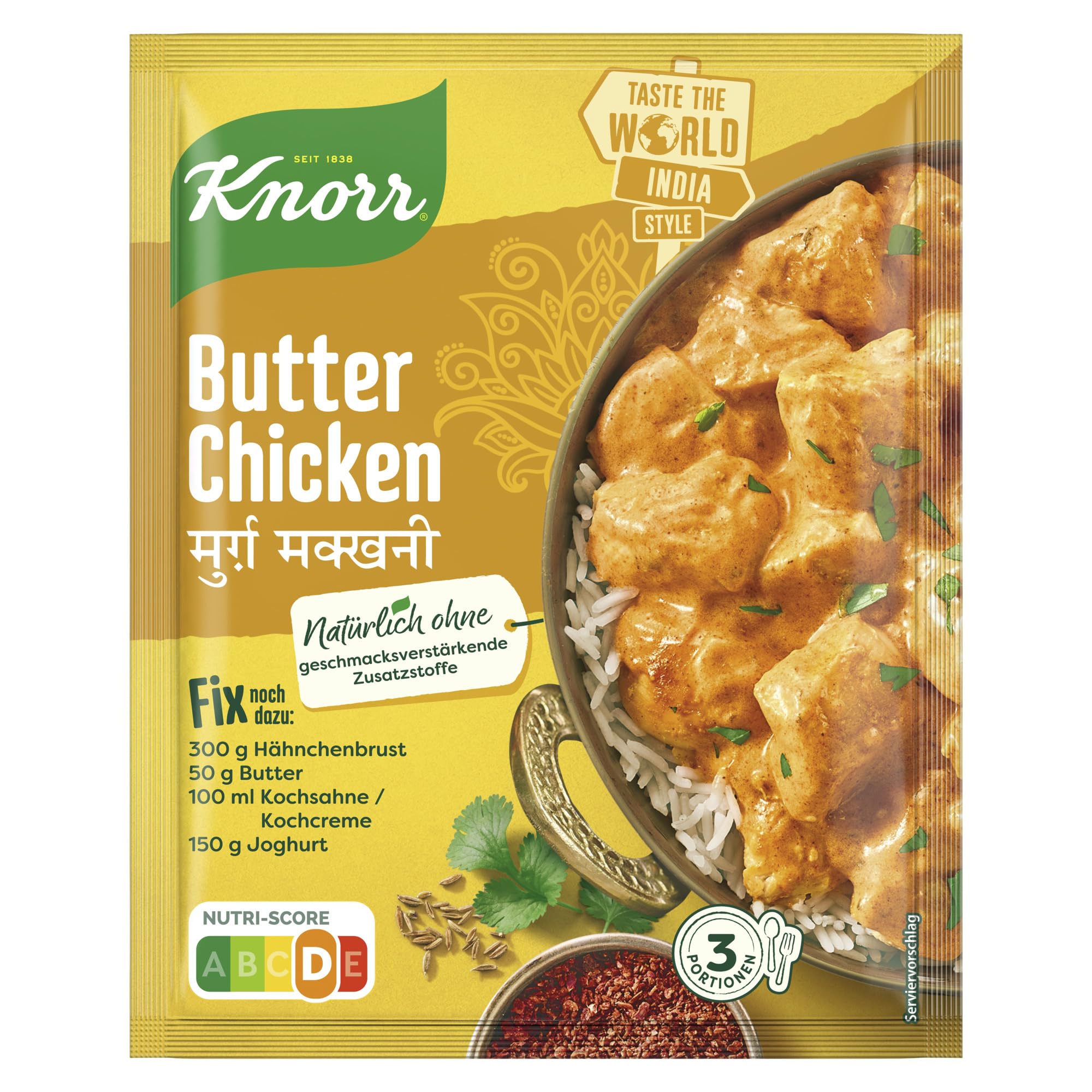 Knorr Taste The World Fix Butter Chicken für ein cremiges Curry mit Hähnchen ohne geschmacksverstärkende Zusatzstoffe 3 Portionen