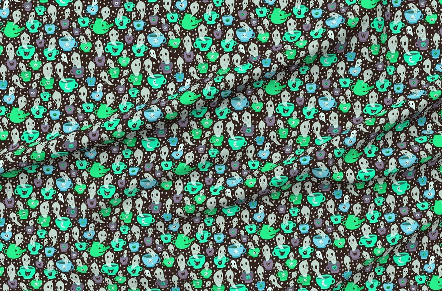 Spoonflower Fabric - Tea Blues Ghost Halloween Reading Pumpkin Printed on Organic Cotton Sateen Fabric by The Yard - Sewing Quilting Apparel Home Decor