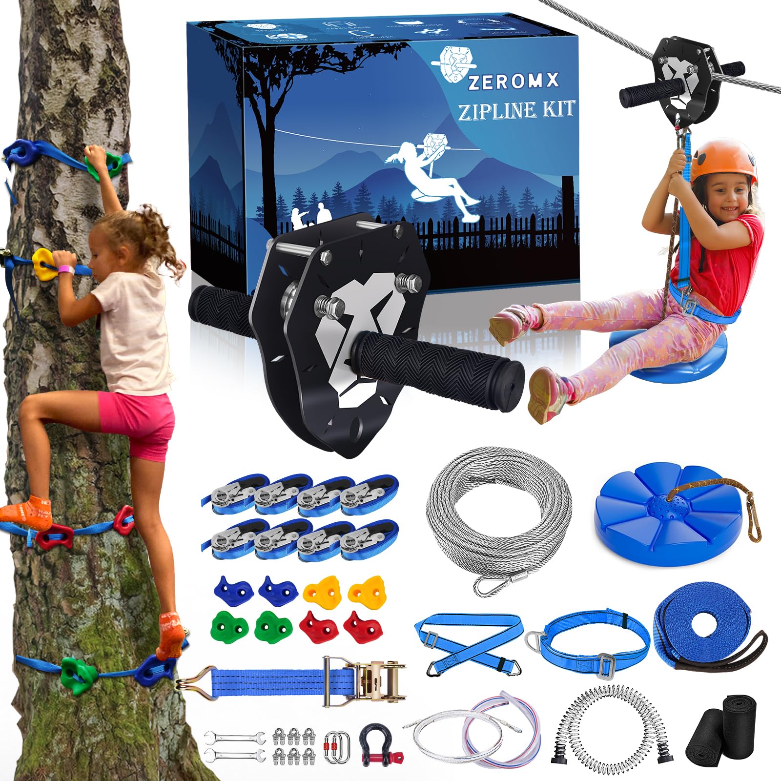Kit Zip Line 48,8 m per bambini e adulti 172,4 kg - Carrello rimovibile con leone, freno a molla 2 m, protezioni per alberi