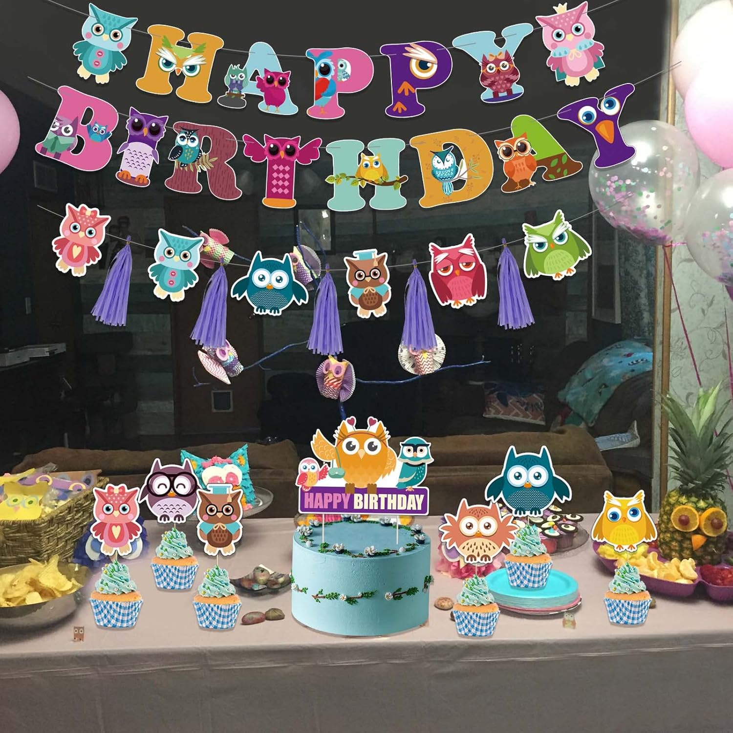 Owl Birthday Decorations - Cute Owl Theme Party Supplies with Birthday Banner, Colorful Tissue Paper Tassels Garland, Cake Toppers Set for Baby Shower, Kids Woodland Bday Party Decors