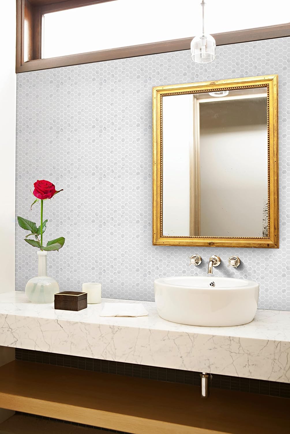 5 Sheets Engineered Marble Mosaic Tile for Kitchen Backsplash, Bath Bathroom Floor, 1" Hexagon Collection, 1"X1" Hexagon, 12"X11"X5/16, Honed (Calacatta White, Box of 5 Sheets)