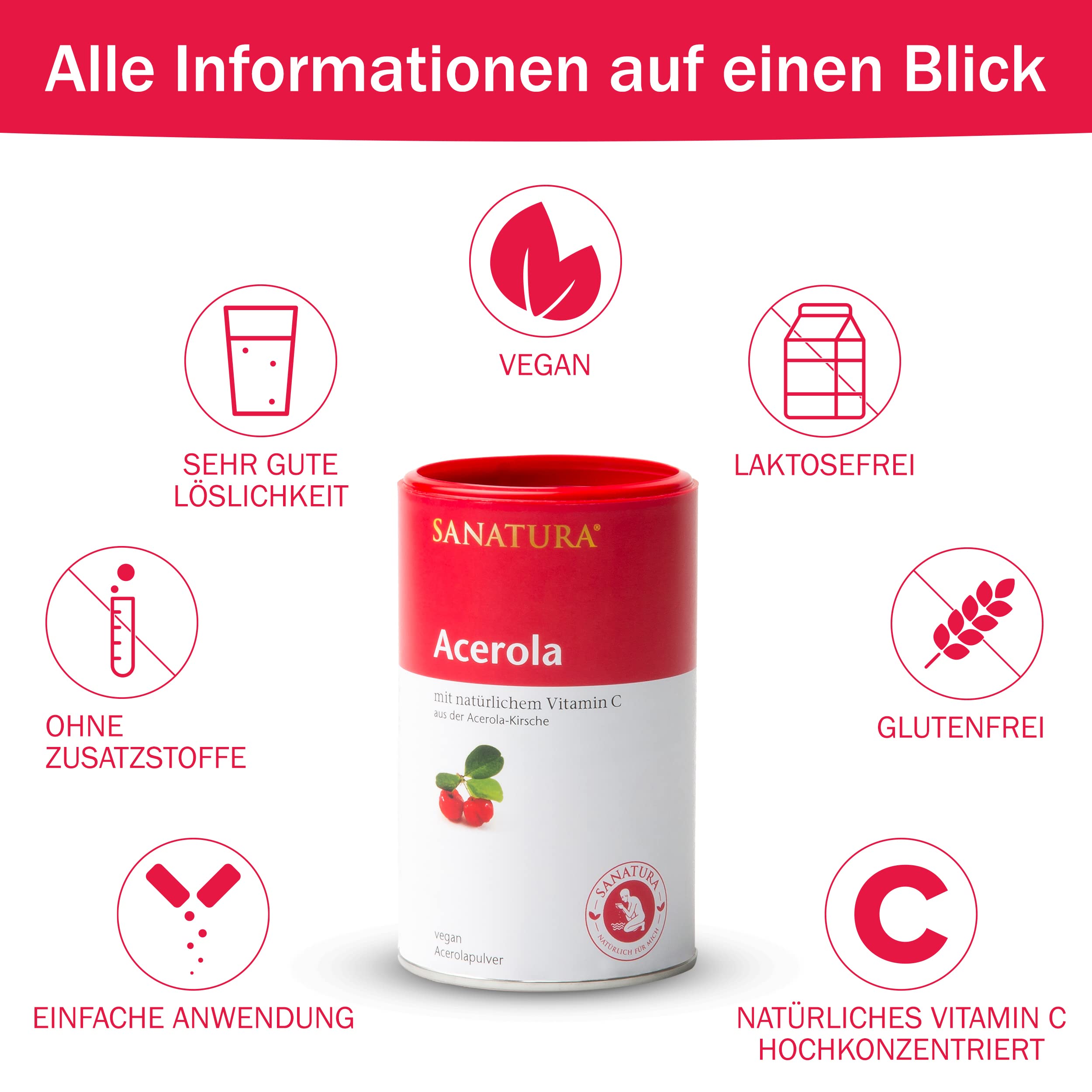 Sanatura Acerola Pulver 3 x 175 g (3er Pack) – natürliches Vitamin C hochdosiert – aus der Acerolakirsche – einfache Anwendung – sehr ergiebig – vegan