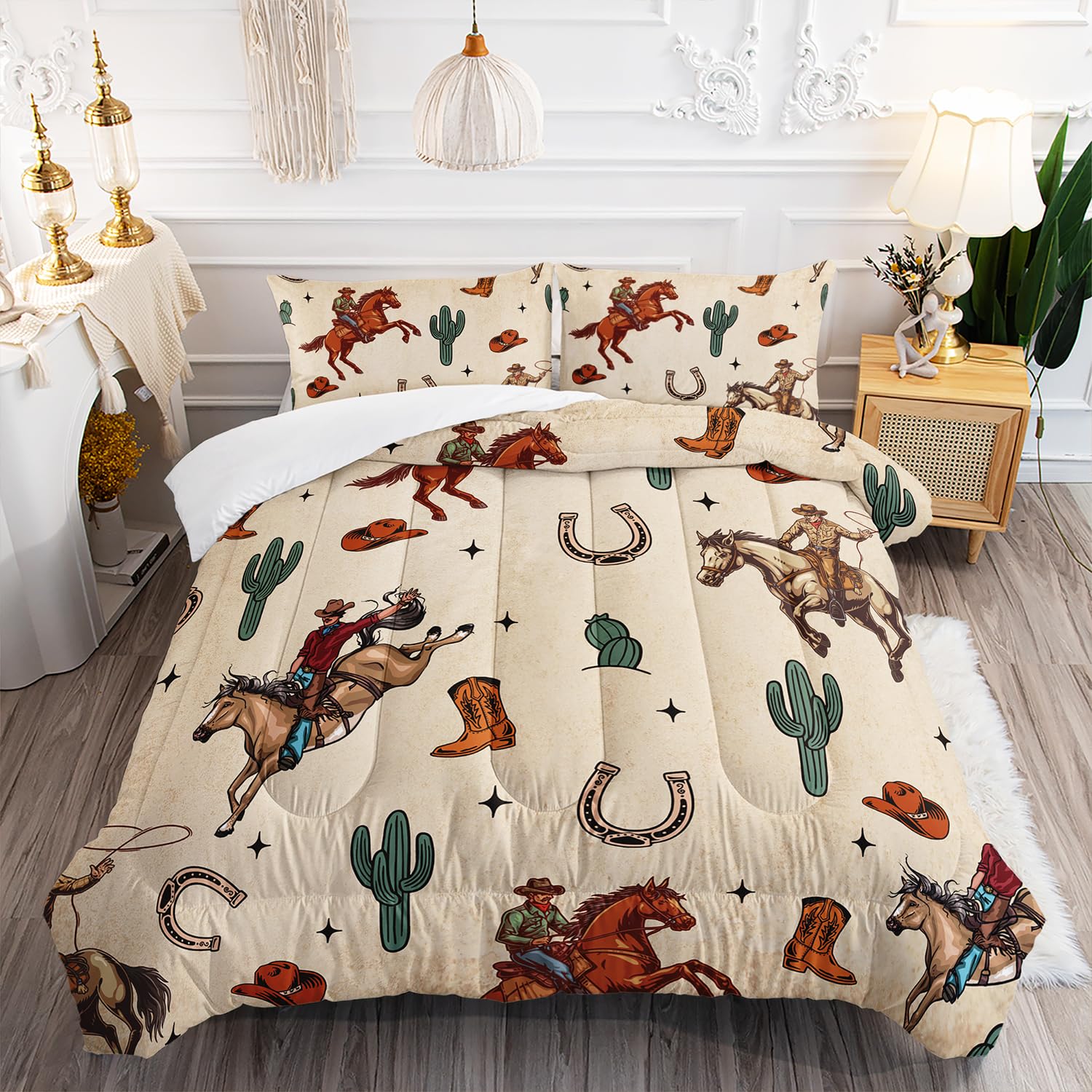 XYNHML Western Cowboy Horse Comforter Set 3Pcs Twin Wrangler Hat Cactus Bedding Set for Teen Girl Boy Adult Horseshoe Riding Boots Bed Decor Brown Vintage Quilt with 1 Comforter and 2 Pillowcases