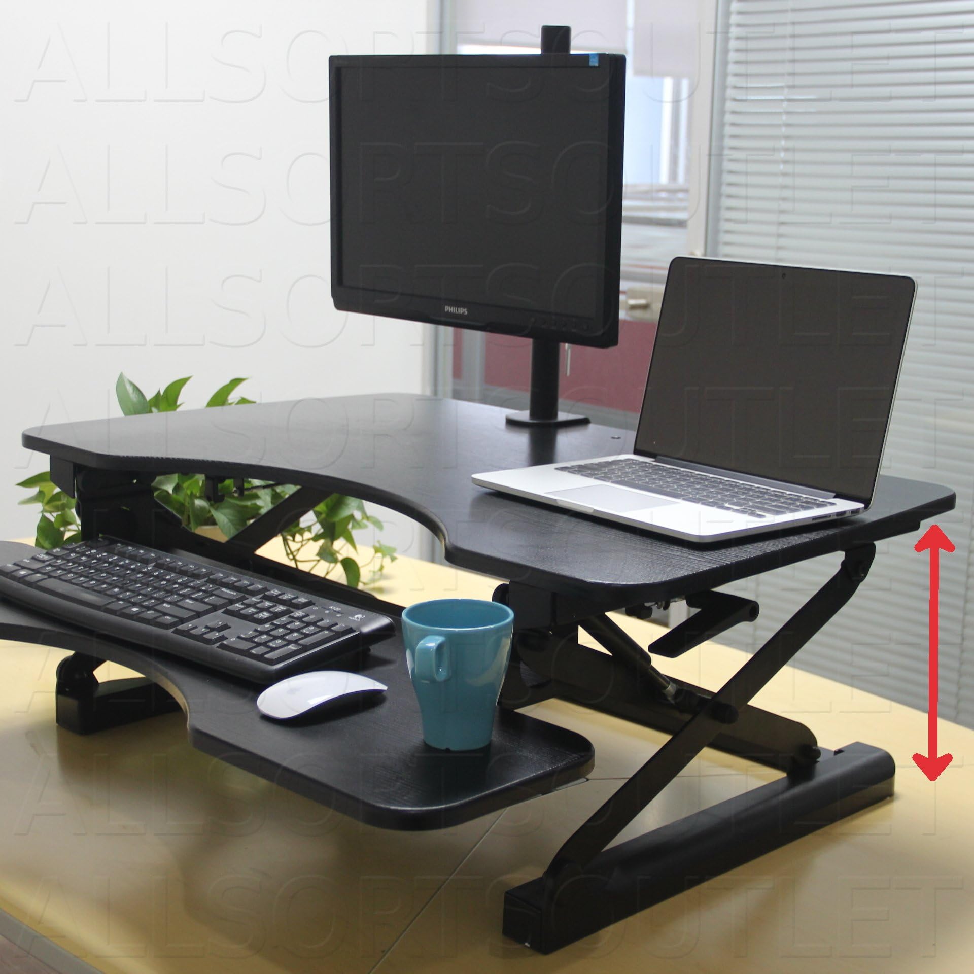 ALLSORTSOUTLET Height Adjustable Desk (Sit or Stand) Standing Ergonomic Workstation Easy Gas Spring Adjust 36" Surface Fits Twin Monitor Stand