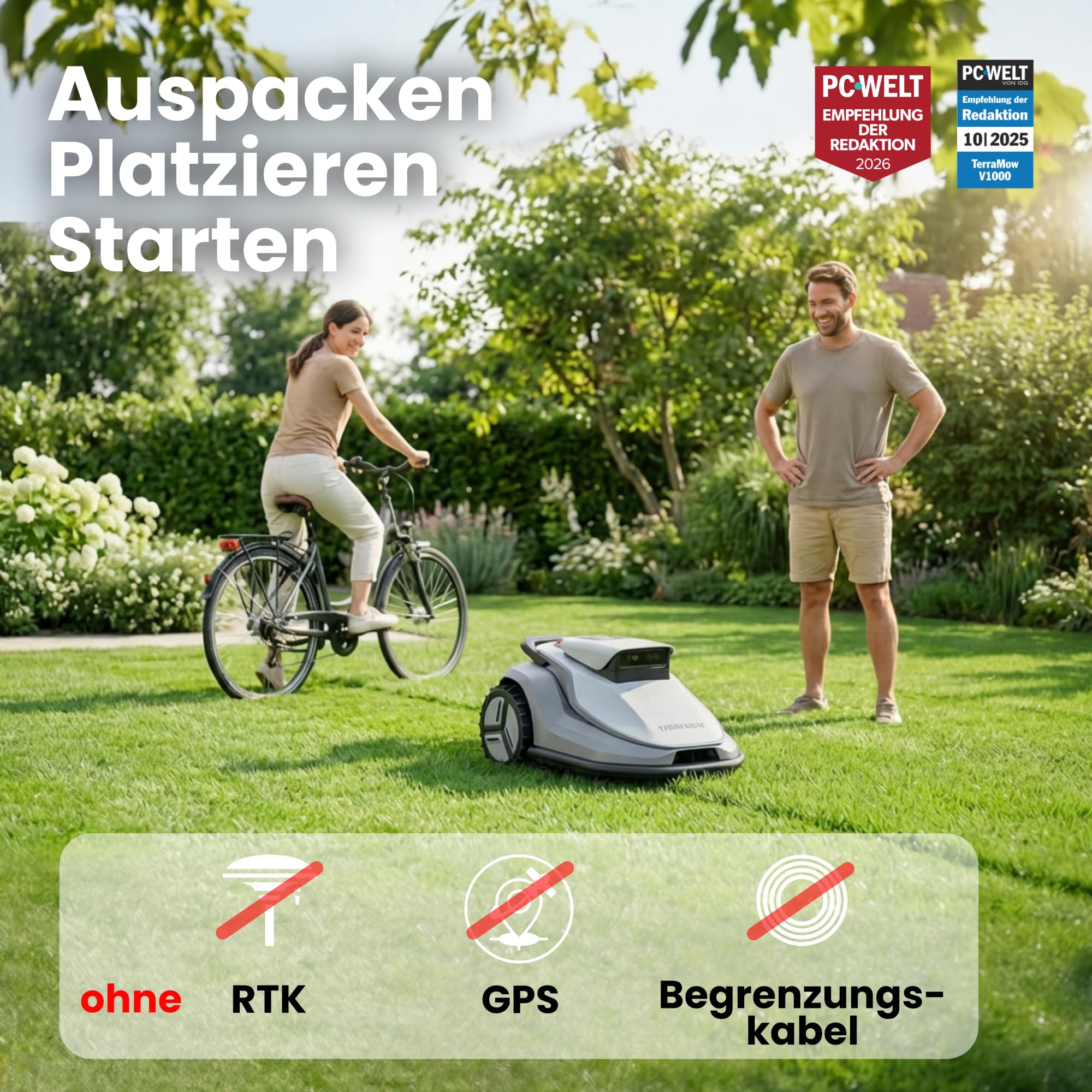 Terramow V1000 Mähroboter ohne Begrenzungskabel, ohne RTK, mit KI-Bilderkennung und Hinderniserkennung für Garten bis 1200m²