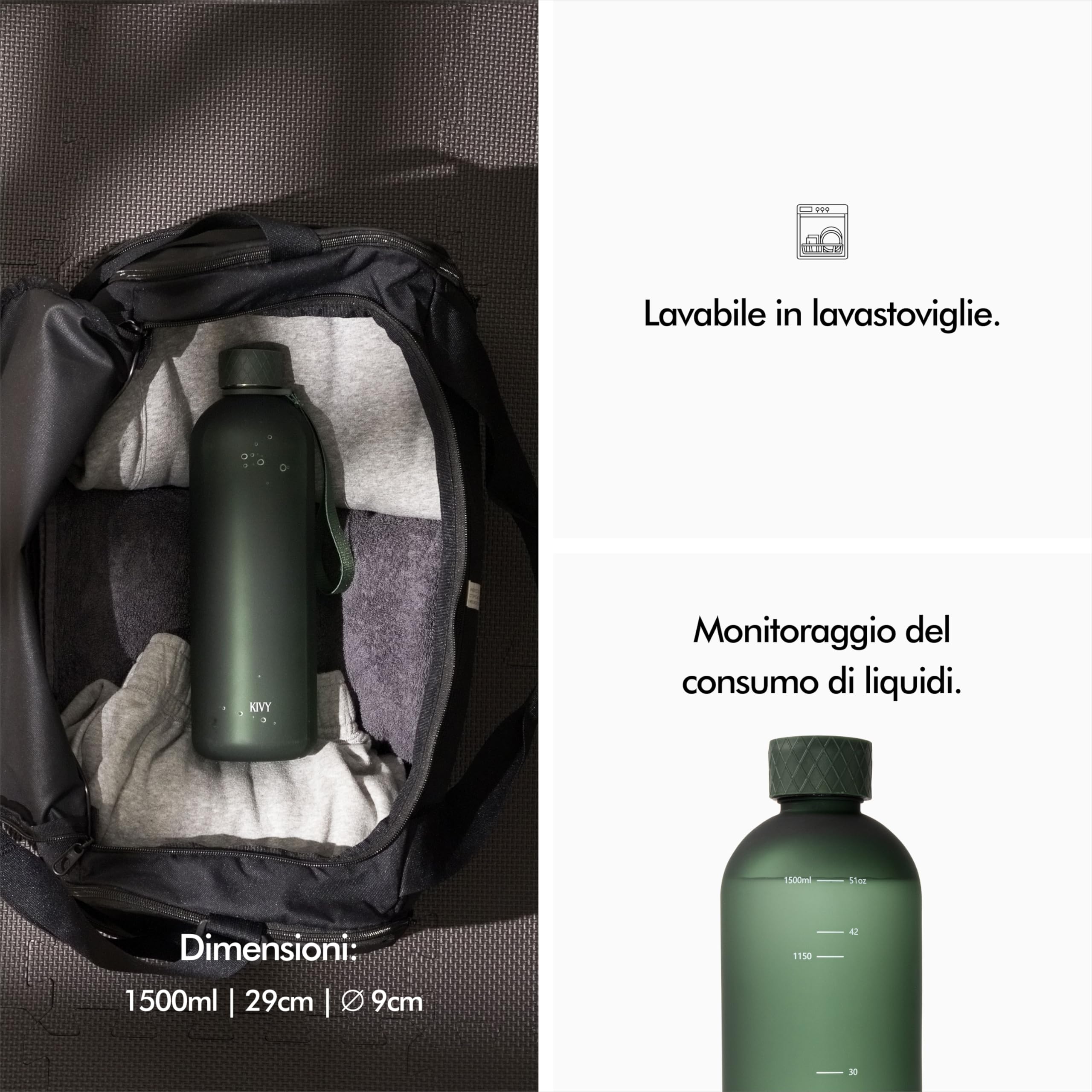 KIVY Borraccia da 1,5 litri, adatta per anidride carbonica e a prova di perdite, per sport, scuola e ufficio, borraccia sportiva, borraccia da 1,5 litri, lavabile in lavastoviglie