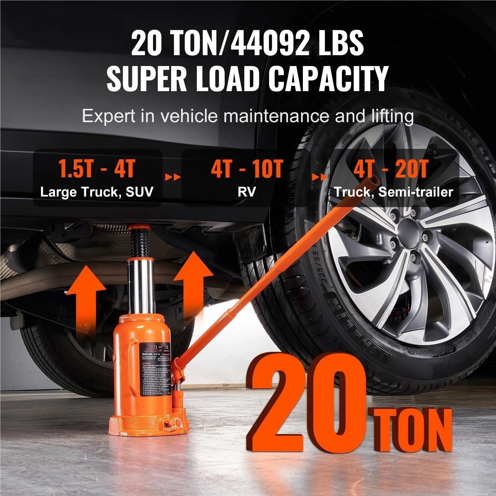 sollevatore auto Cric idraulico a bottiglia da 20 tonnellate/44092 LBS per camioncino per auto, camper, riparazione auto, ingegneria industriale cavalletti auto(Manual type)