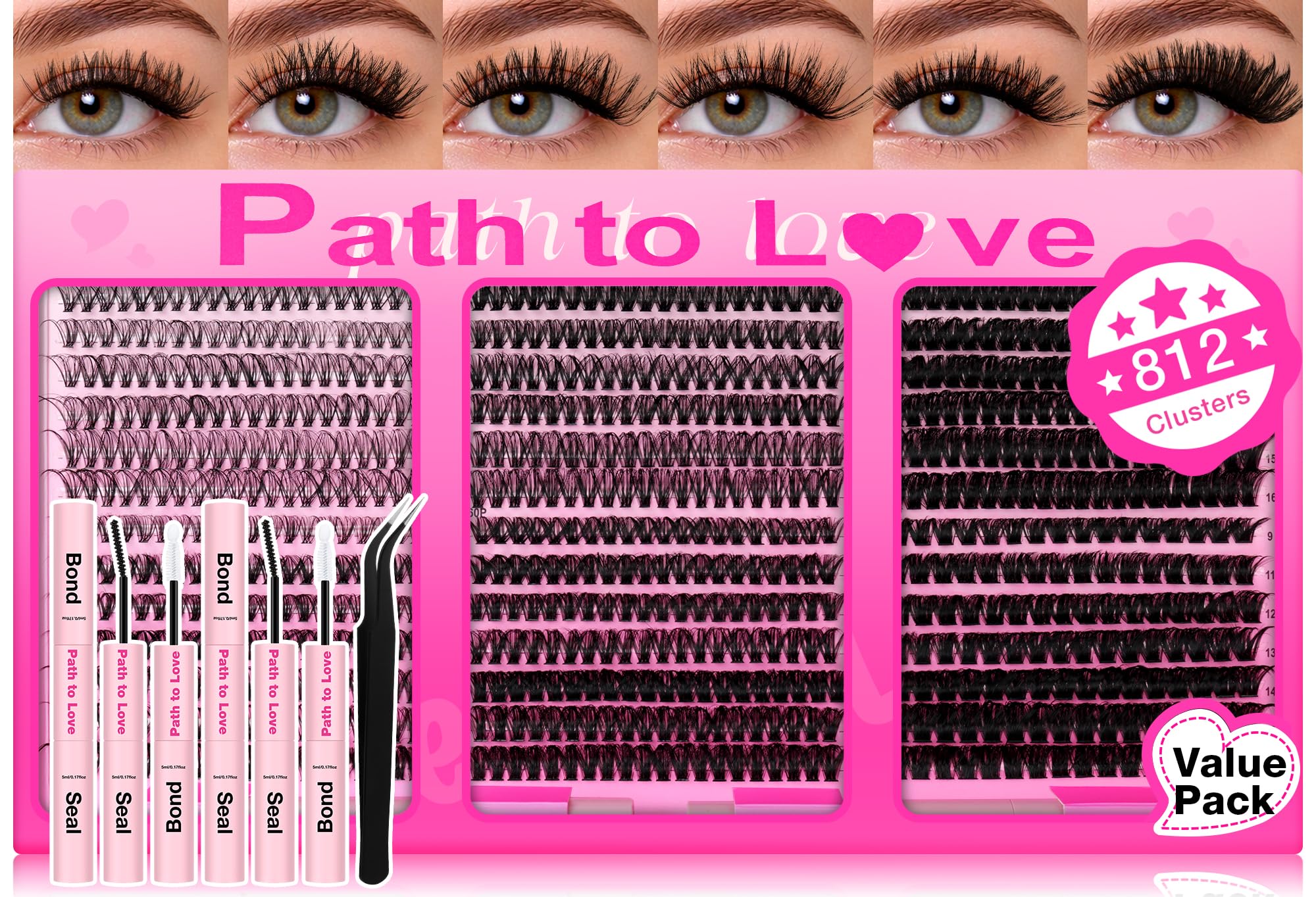 Photo 1 of Lash Clusters Kit 812Pcs Individual Cluster Lash Extensions Kit 30D+40D+50D+60D+80D+100D Wispy Eyelash Clusters with 2set Lash Bond and Seal and Tweezers 10-16mm 6 Styles Mix Lashes Clusters Kit